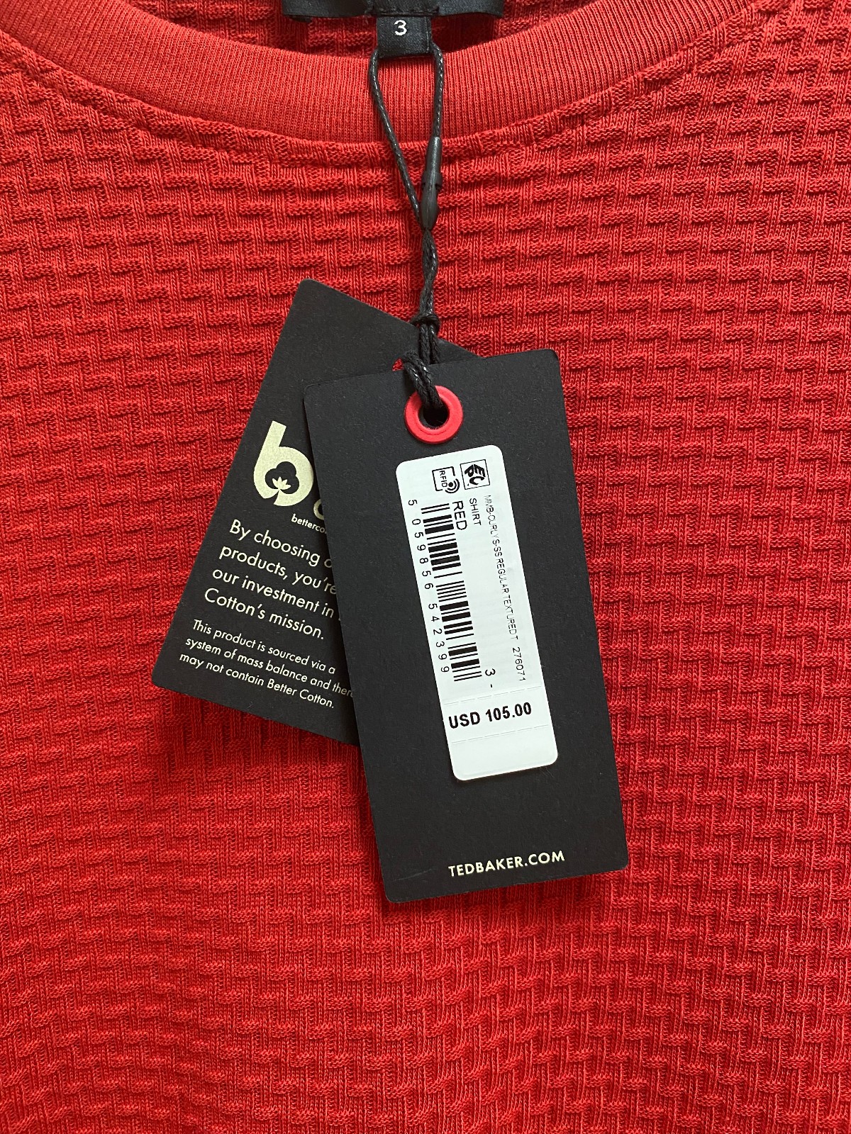 TED BAKER Short Sleeve Men's Sz 3/M Red Better Cotton Curly Textured T-Shirt NWT gallery