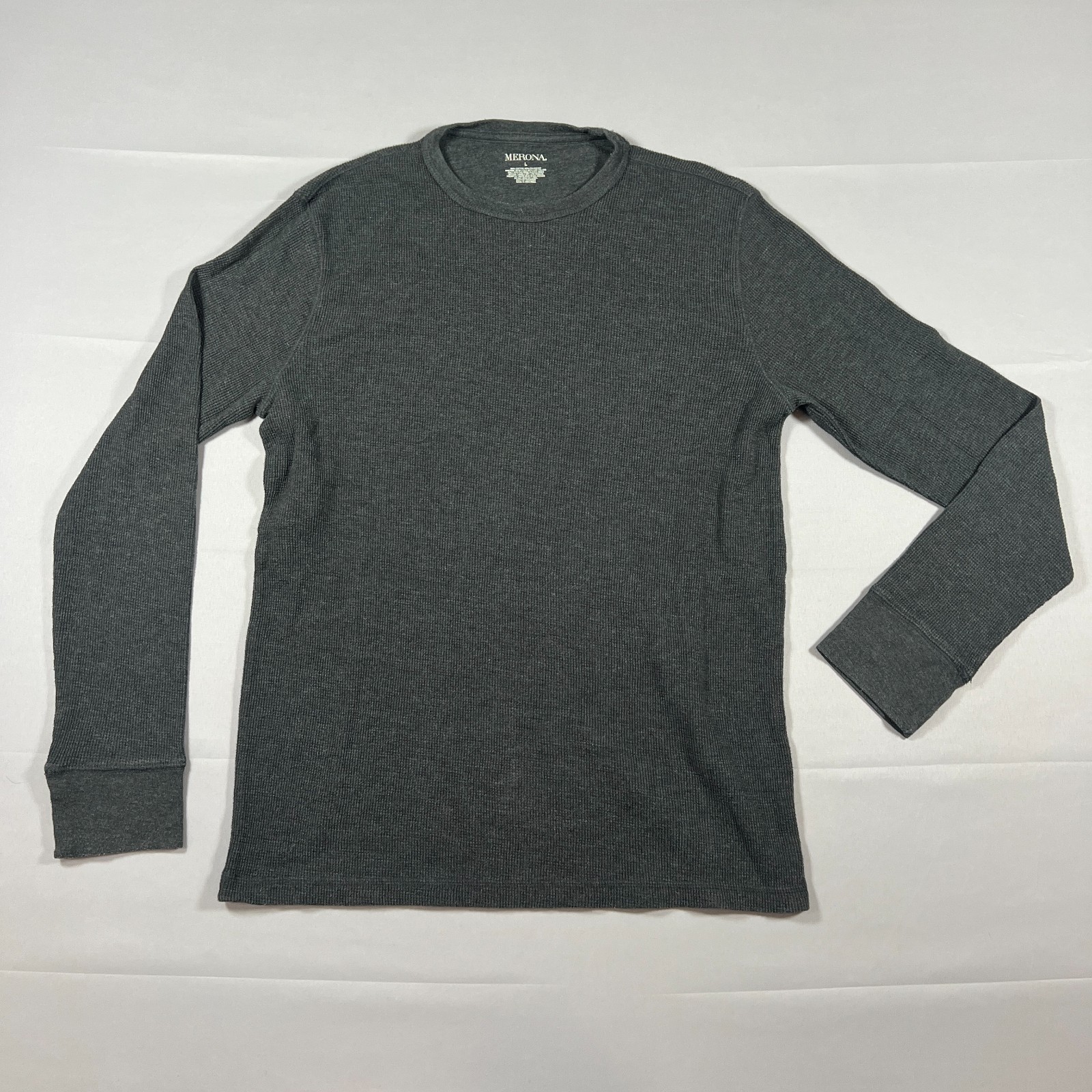 Merona Thermal Shirt Mens Large Charcoal Gray Cotton Waffle Knit Raglan Sleeve