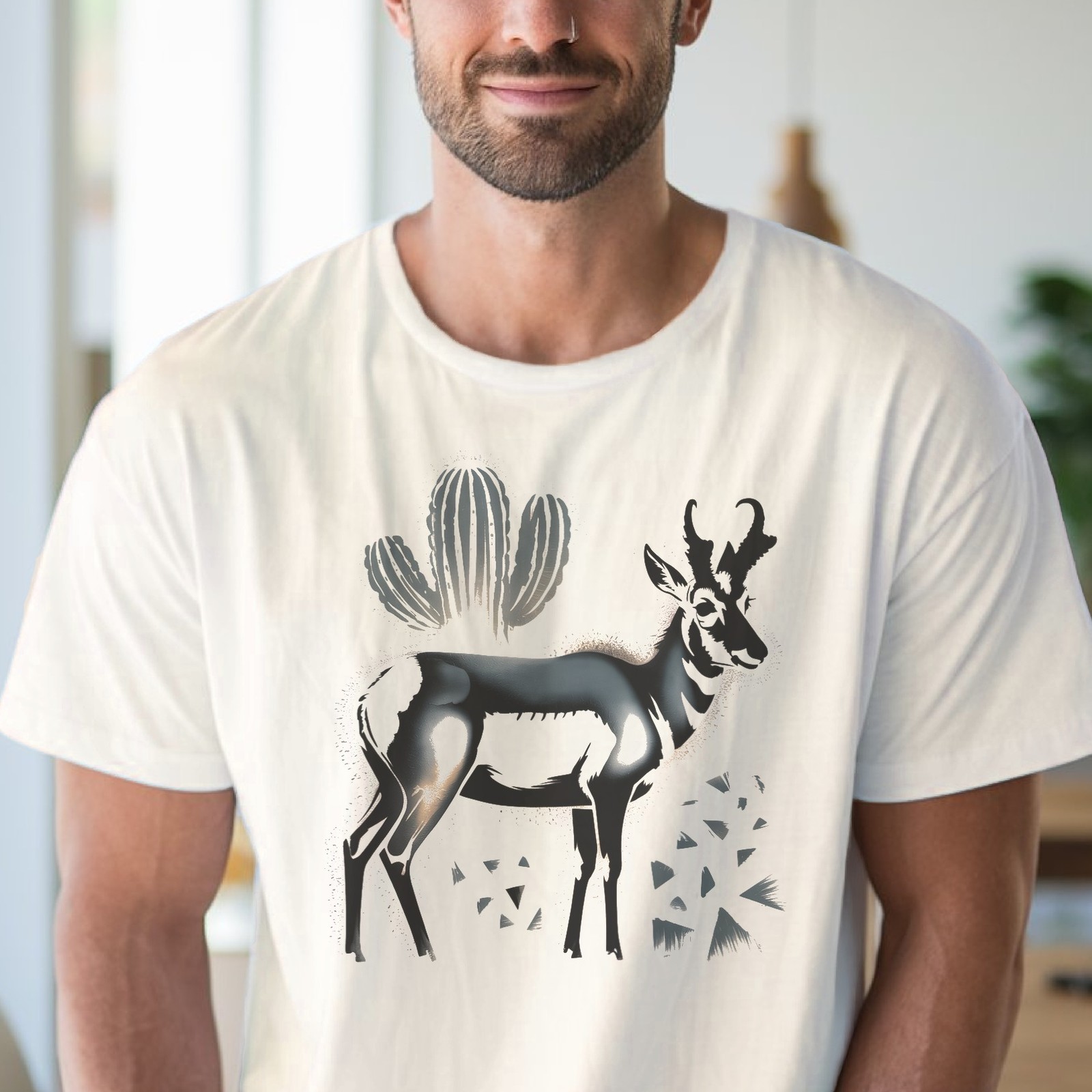 Desert Wildlife Graphic Tee Surreal Antelope Cactus Art Black gallery
