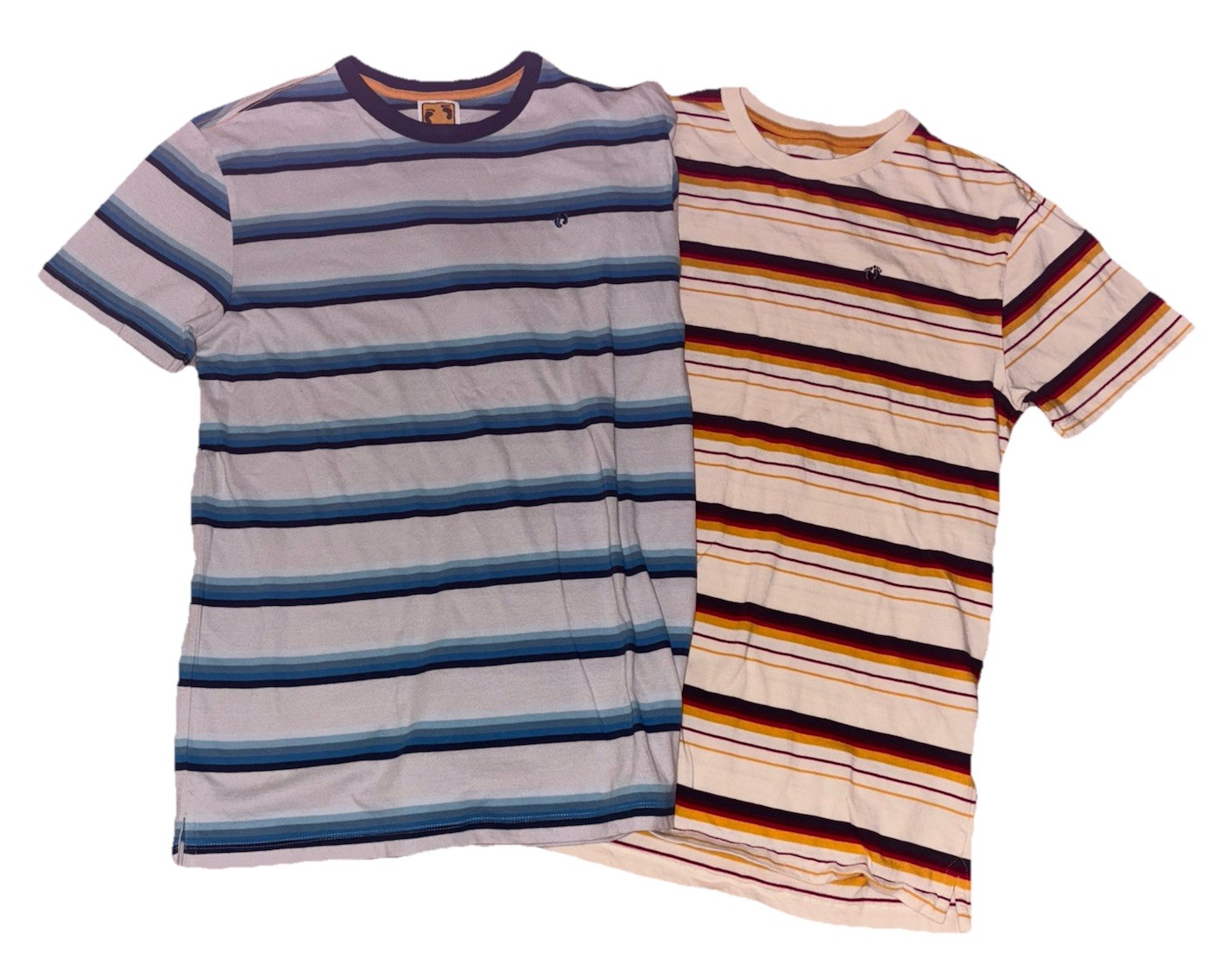 2 – Men’s Hang Ten Striped SS Shirts In Gray W/blue & Cream w/ Brown In Size S