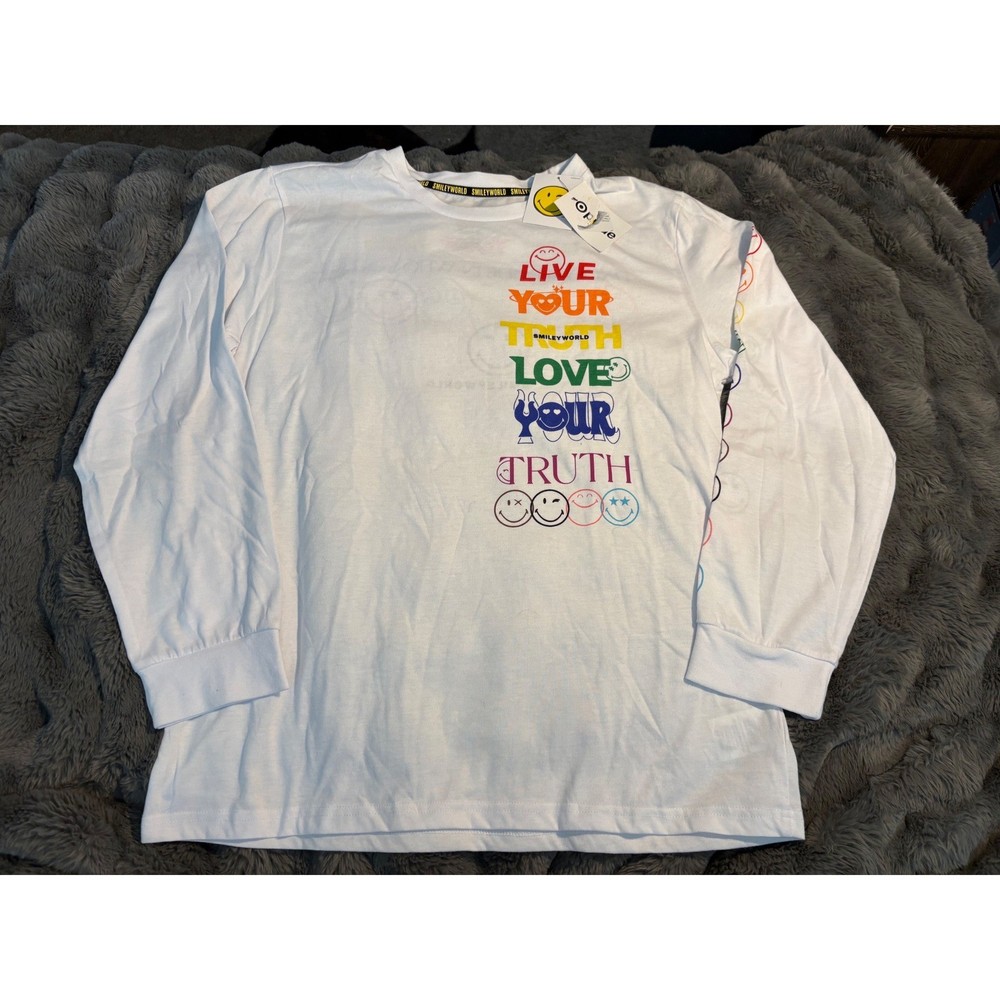 Smileyworld White Long Sleeve Graphic T Shirt Rainbow Text Smiley Faces Size L