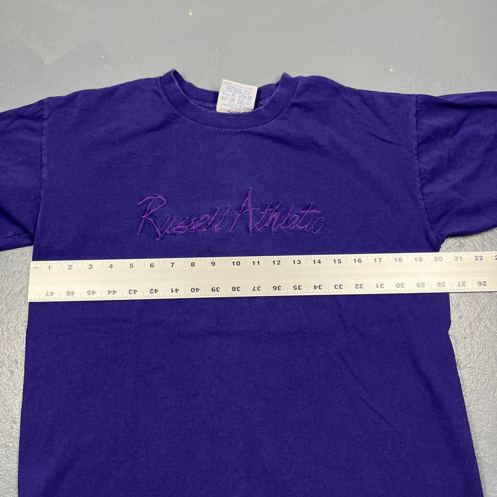 Vintage 90s Russell Athletic Embroidered Tshirt Purple Medium Single Stitch VTG gallery