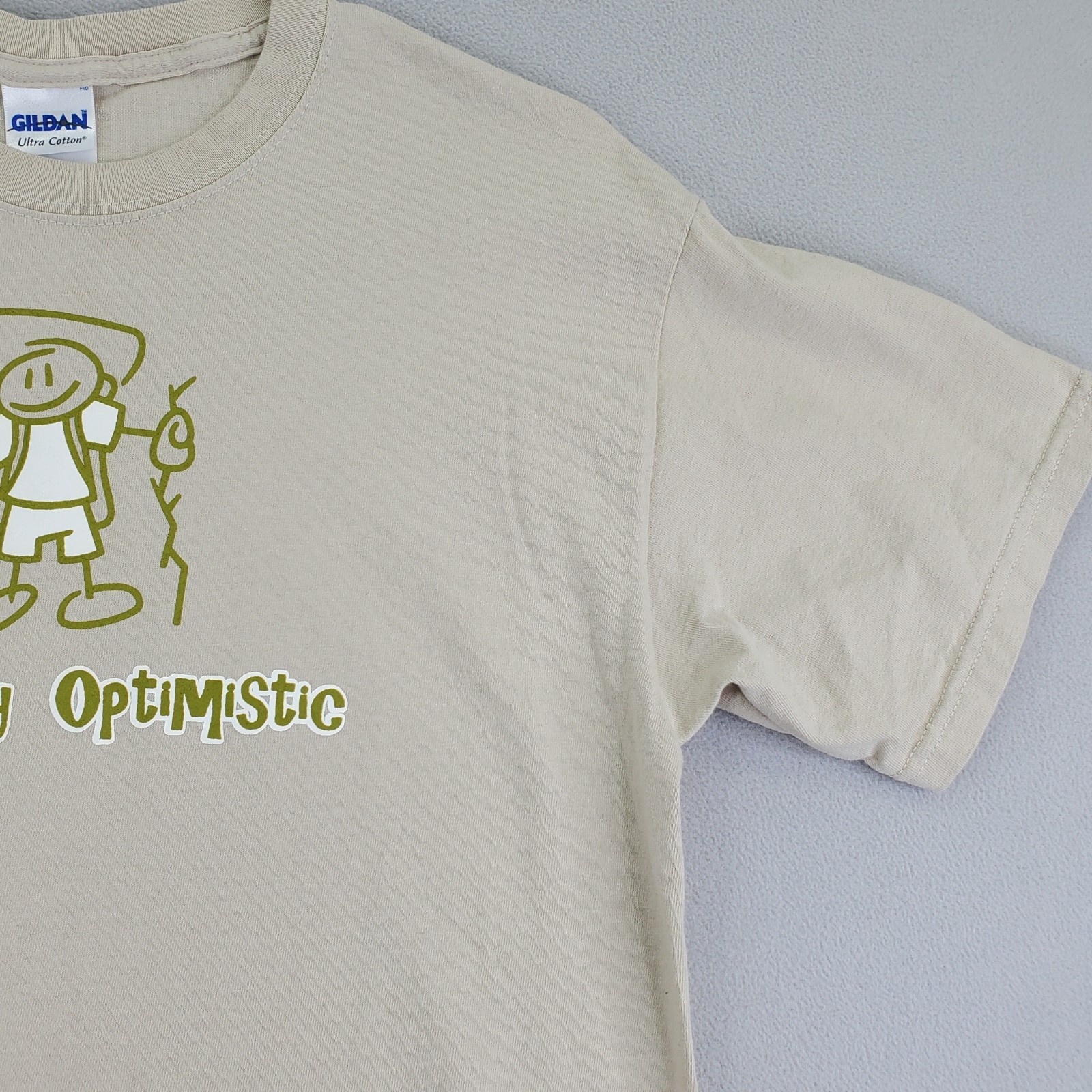Naturally Optimistic Shirt Mens M Tan Hiking Camping Graphic Gildan Ultra EUC gallery