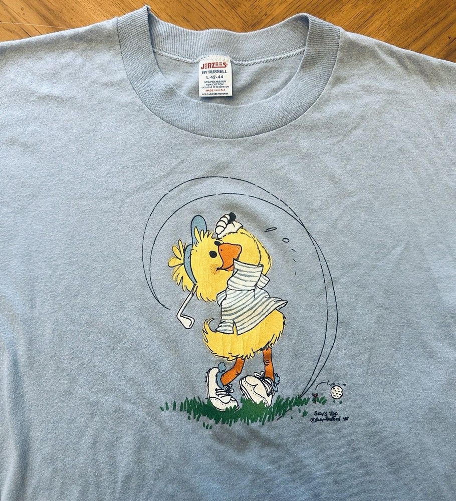 VINTAGE Jerzees TShirt Men’s Size Large Blue Golf Chick Duck 80s Made In USA VTG