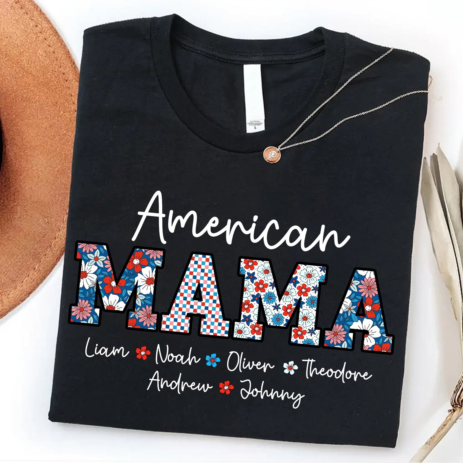 Personalized American Mama Shirt Kids Names Patriotic 4th of July Mom Gift Tee gallery