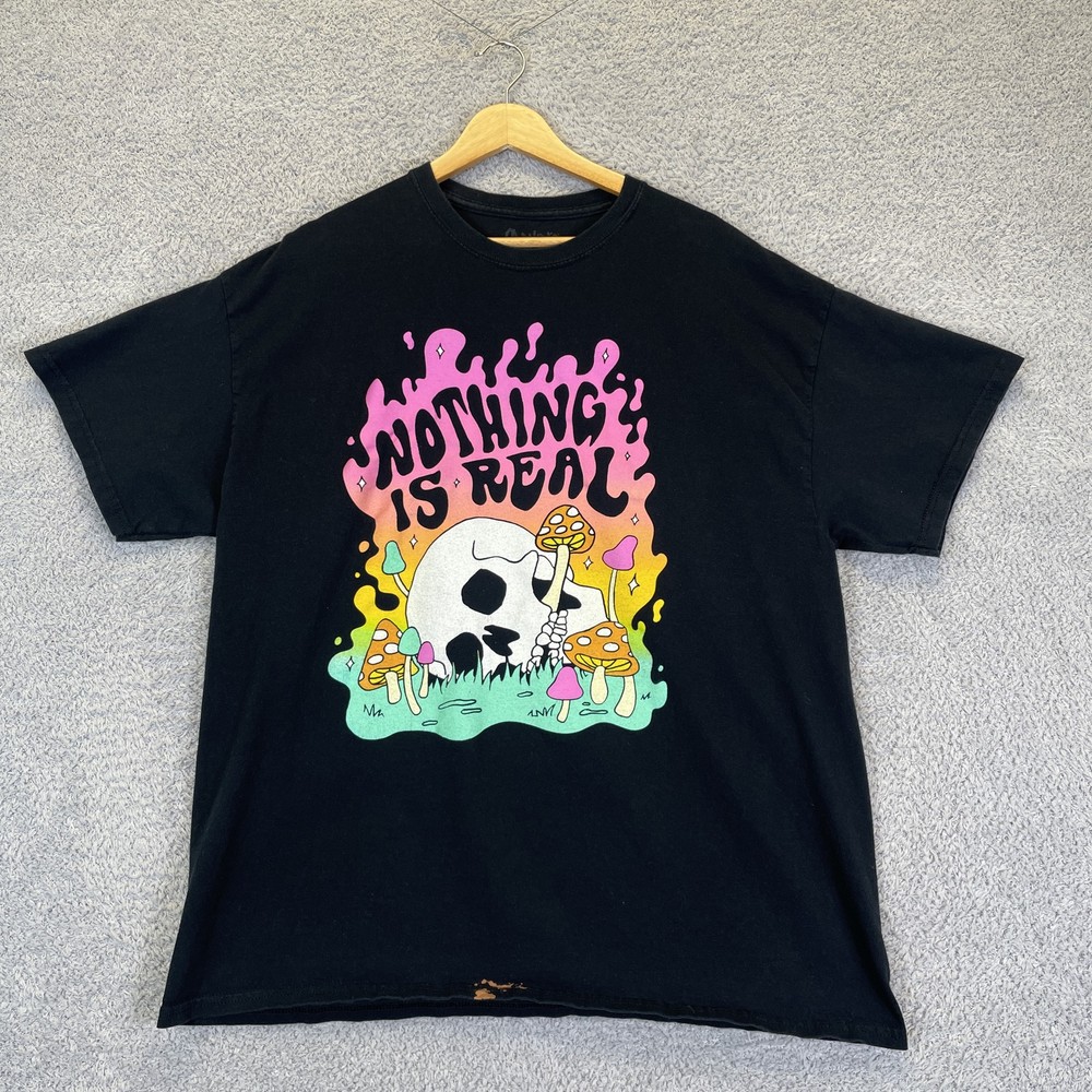 Spencer’s Nothing Is Real Skull Mushroom Graphic T-Shirt Adult Black Size XL