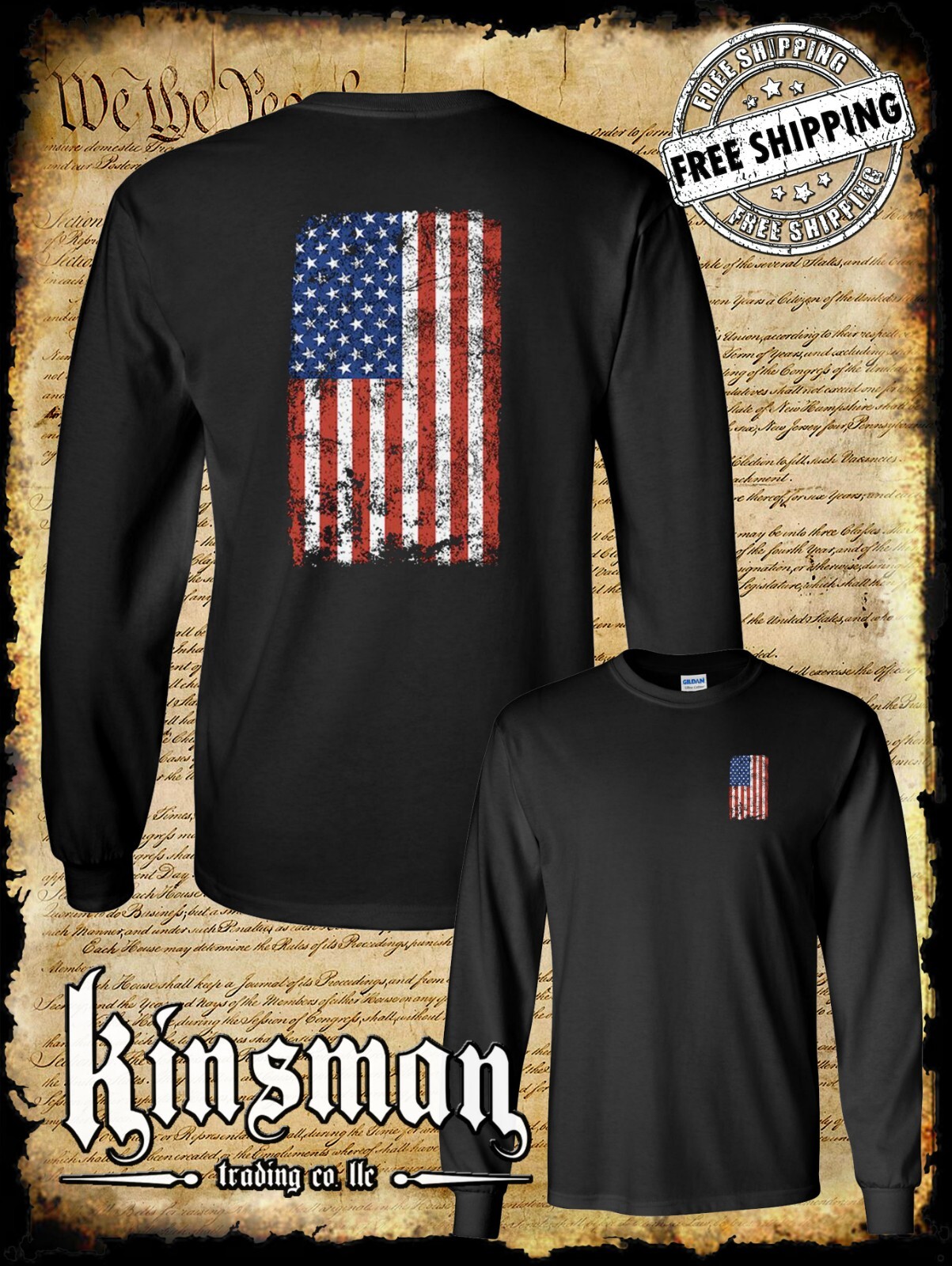 Distressed American US Flag Long Sleeve 2-Sided T-Shirt – Patriotic 4th of July