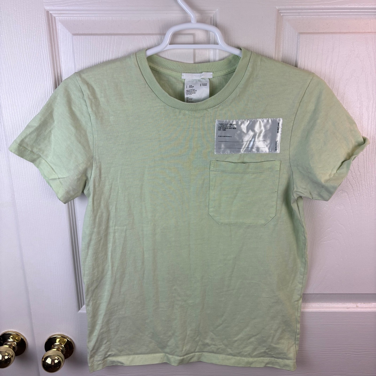 Unisex Helmut Lang Green T-Shirt Embroidered Tag Pocket M’s Small W’s Medium