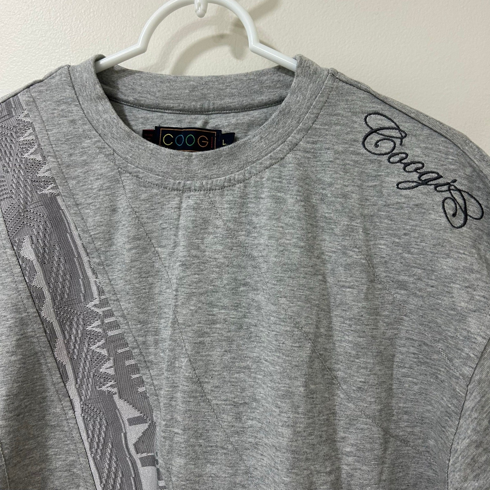 Coogi Vintage Mens Sz Large Gray Short Sleeve T Shirt Embroidered Logo Patterned gallery