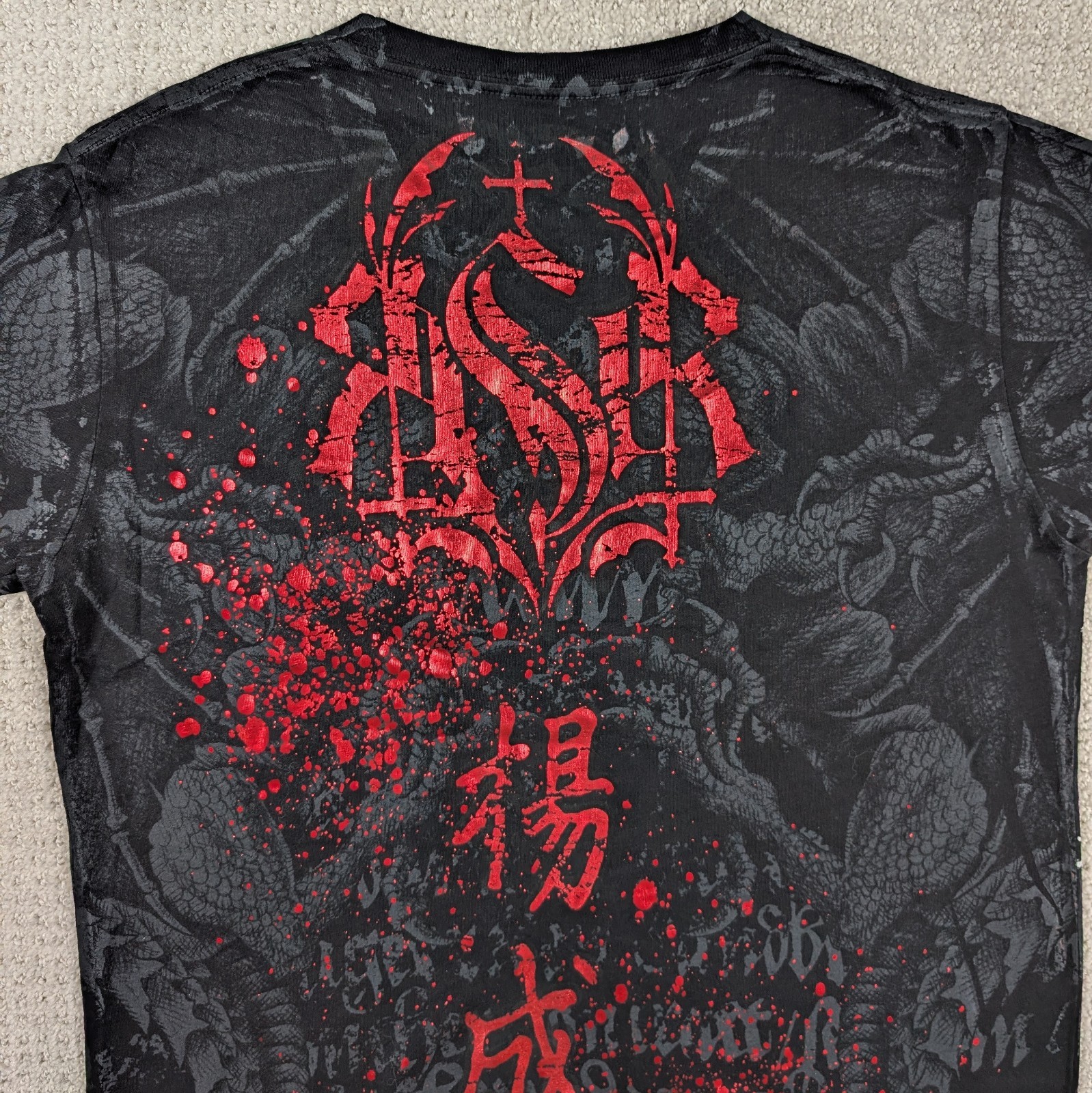 Y2K Raw State Skull Honor Men's Small Shirt Black Red Foil Affliction Style AOP gallery