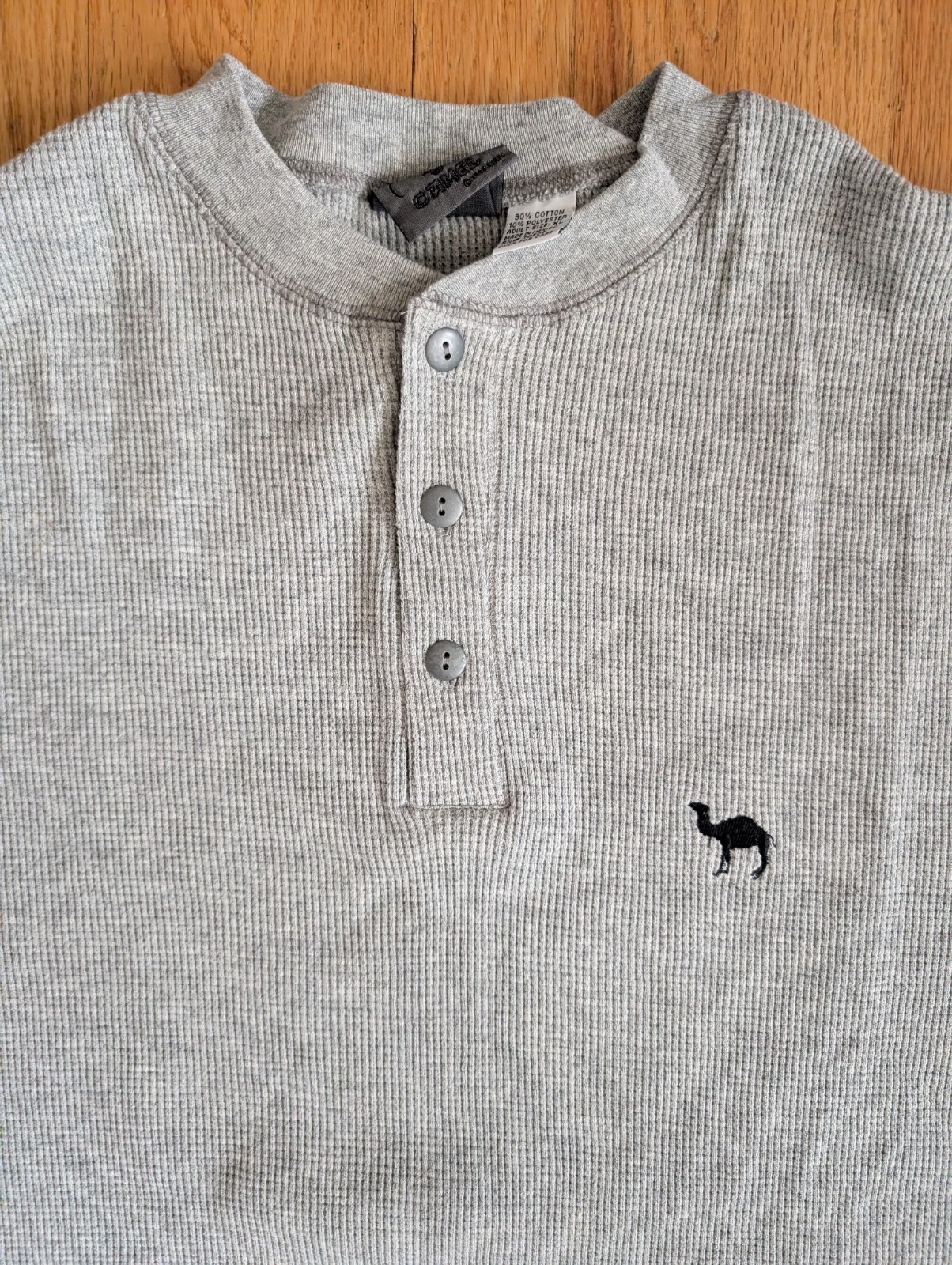 Vintage Camel Henley Shirt Mens XL Gray Waffle Thermal Long Sleeve Embroidered gallery