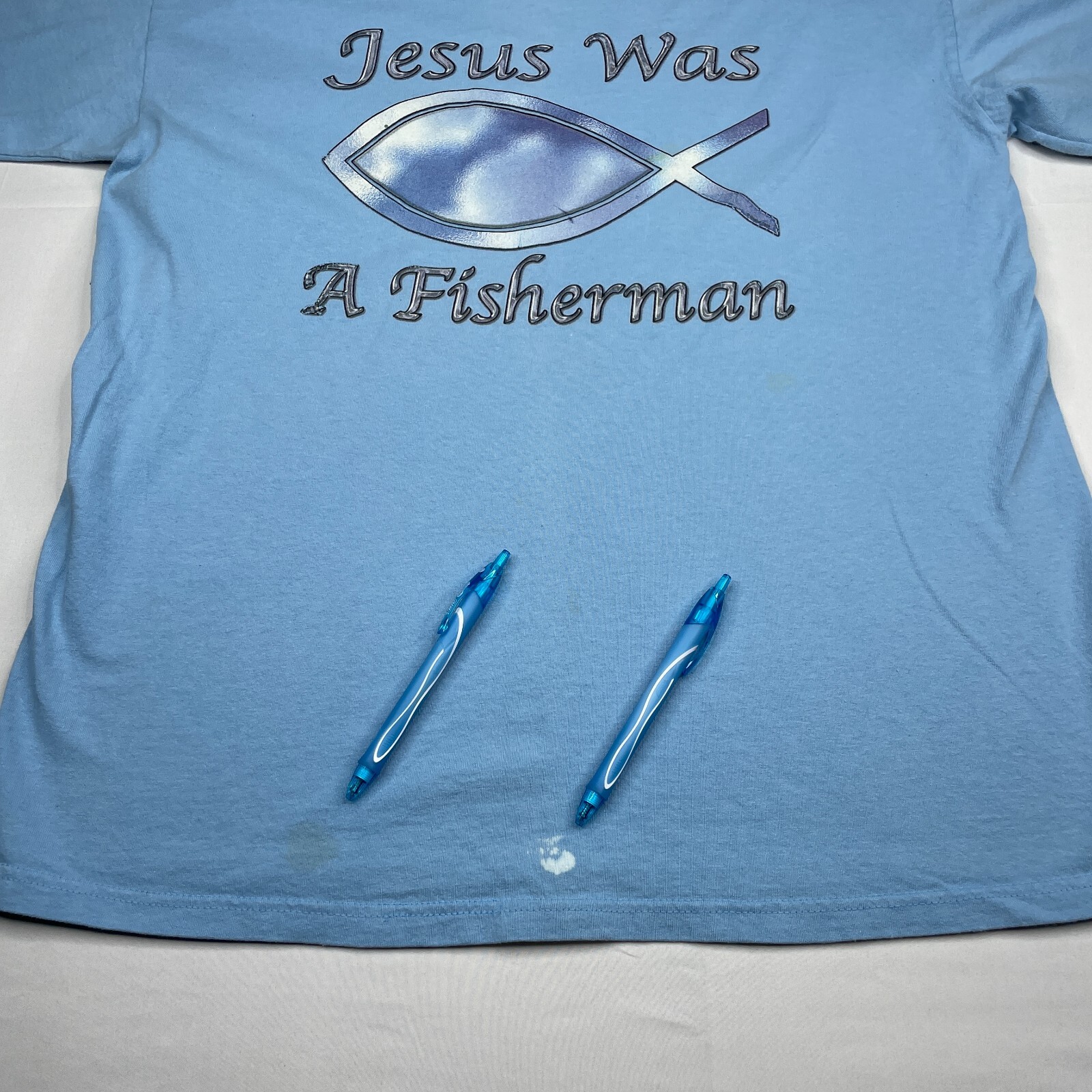 Vintage T Shirt Mens Large Blue Short Sleeve Tee Jesus Was A Fisherman gallery