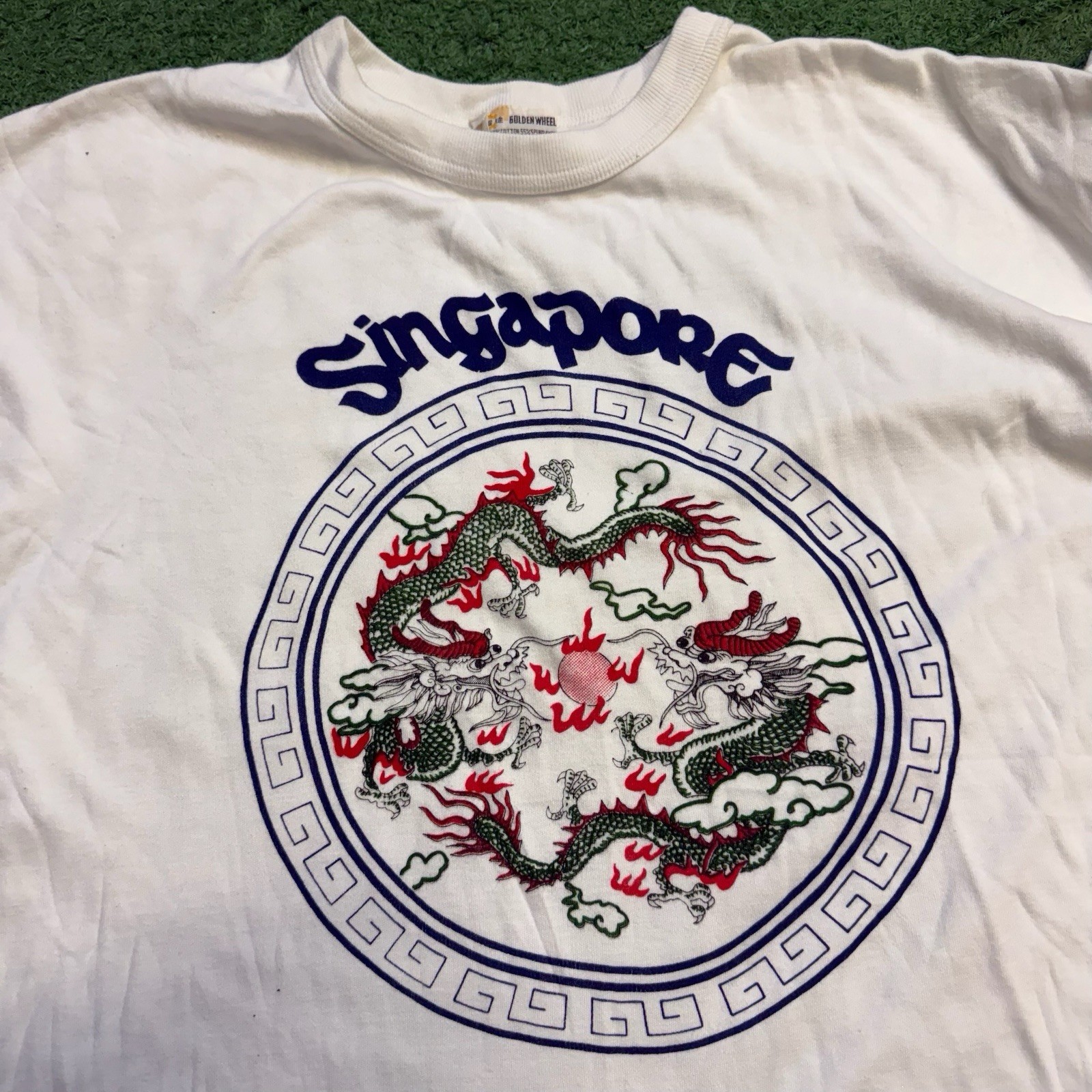 Vintage 80s/90s 'Singapore' Golden Wheel White Dragon Tee Size : Medium gallery