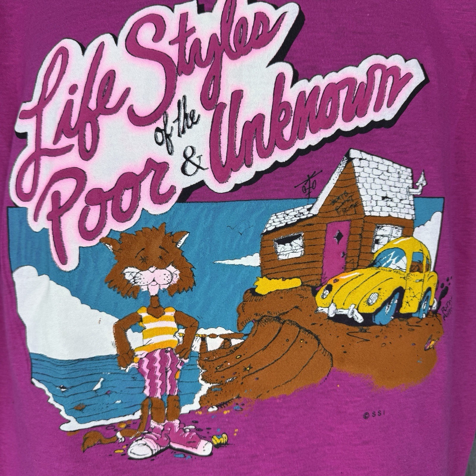 Vtg 80s Lifestyles of Poor & Unknown Top Half Tropix Pink Single Stitch Tee Sz L gallery