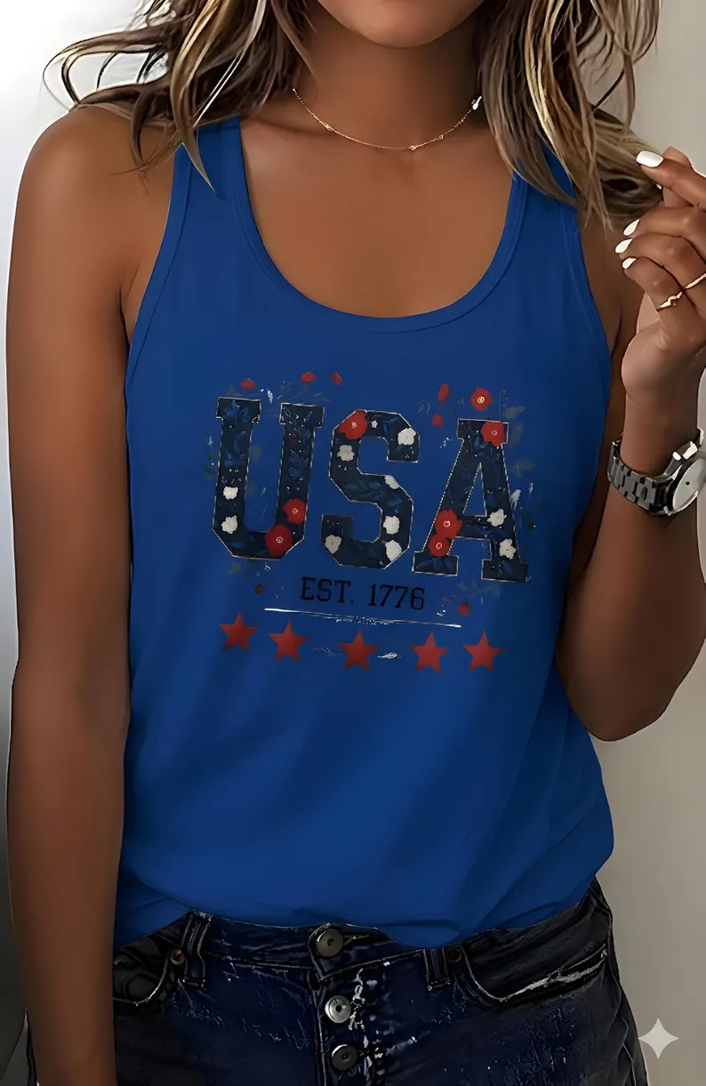 USA Est Floral Patriotic Design Graphic Tank Top gallery