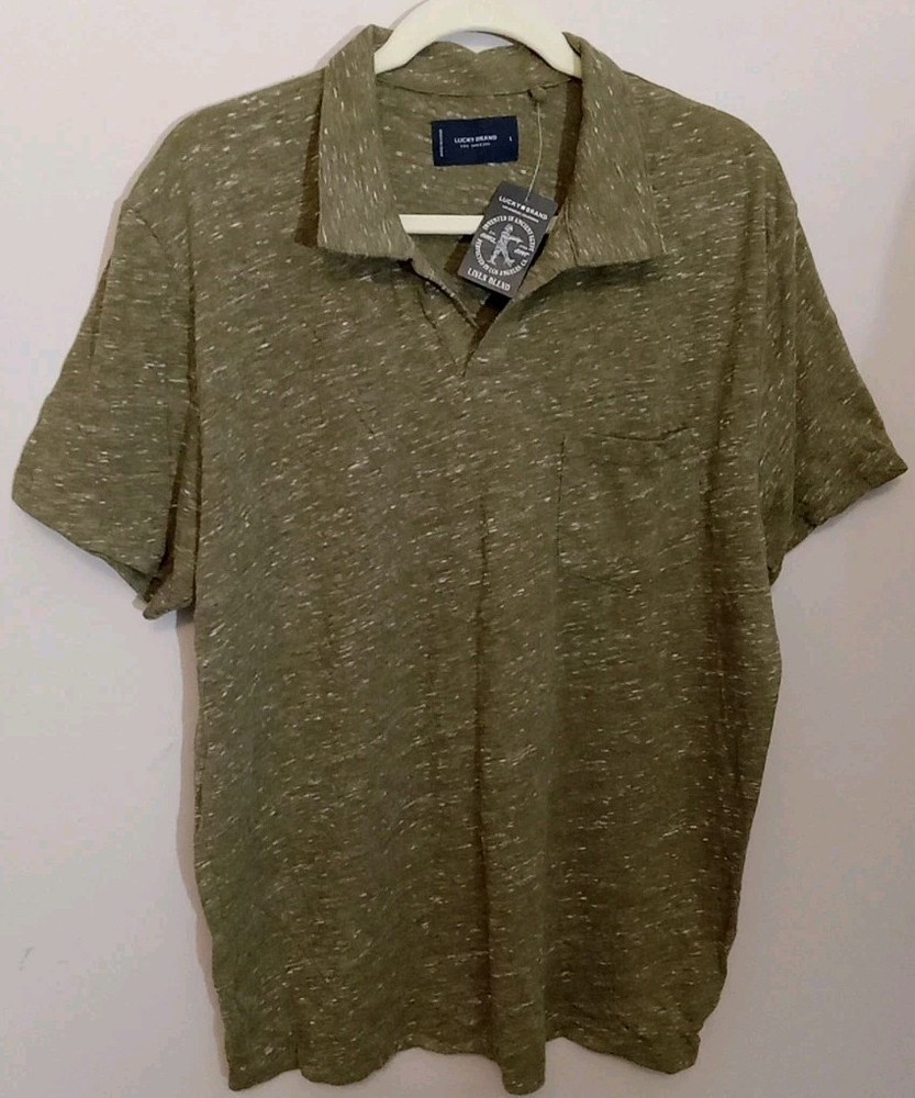 Lucky Brand Men Heather Green Open Collar Shortsleeve Linen Blend Shirt Size L