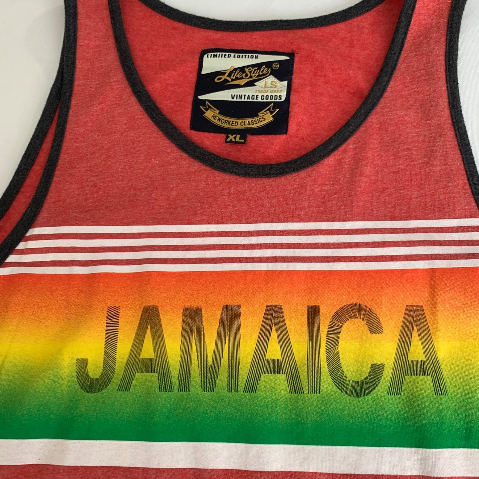 Limited Edition Jamaica Tank Top XL Red Rasta Striped Ringer Summer Beach Boho gallery