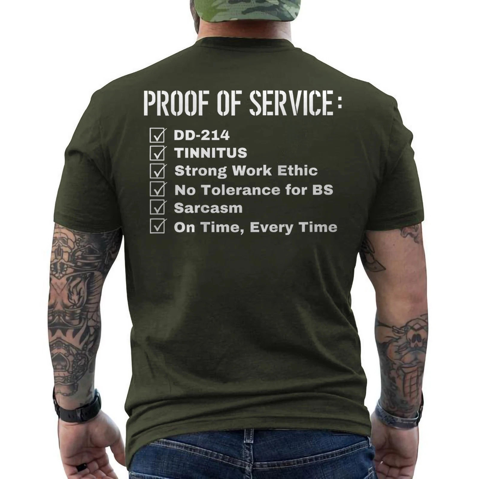 Proof Of Service DD-214 Tinnitus Strong Work Ethic Sarcasm ON BACK T-Shirt gallery