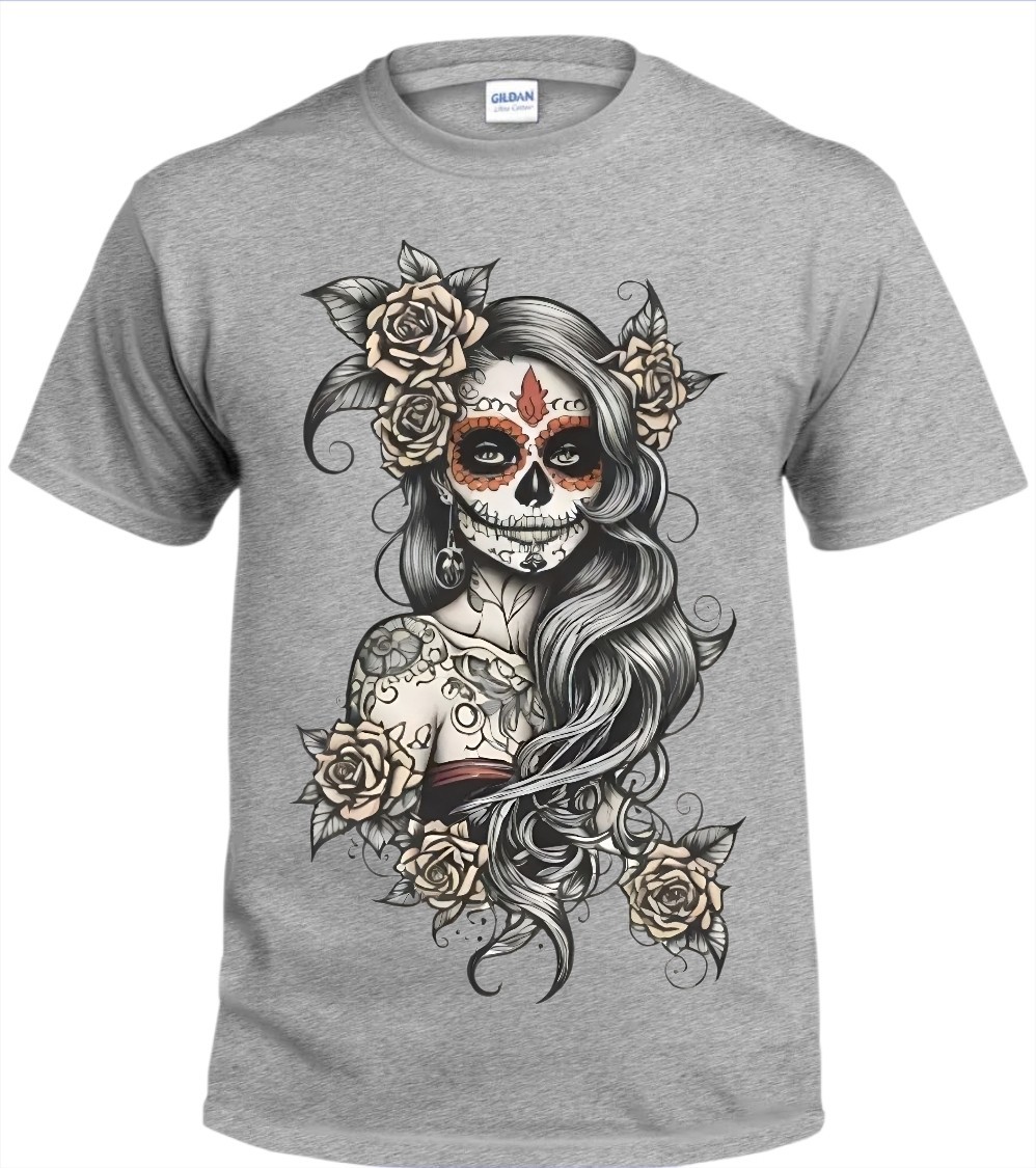 Female Sugar Skull Men's T-Shirt White or Black or Gray Small to 3X-Large gallery