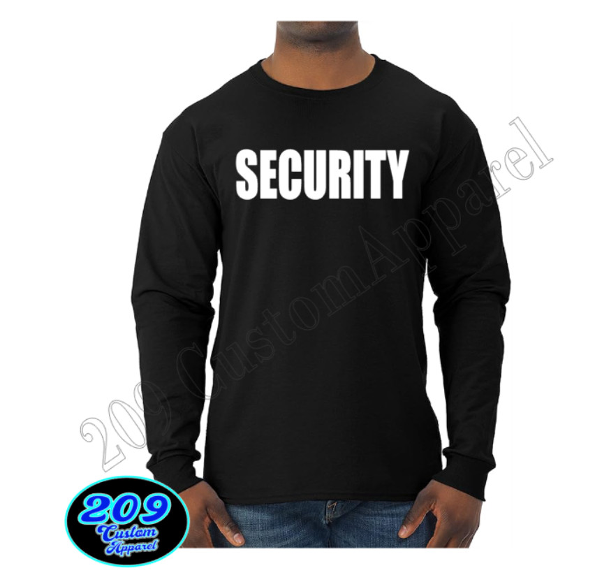 Long Sleeve Security T-Shirt Black Tee Staff Club Event Uniform White/Yell Print