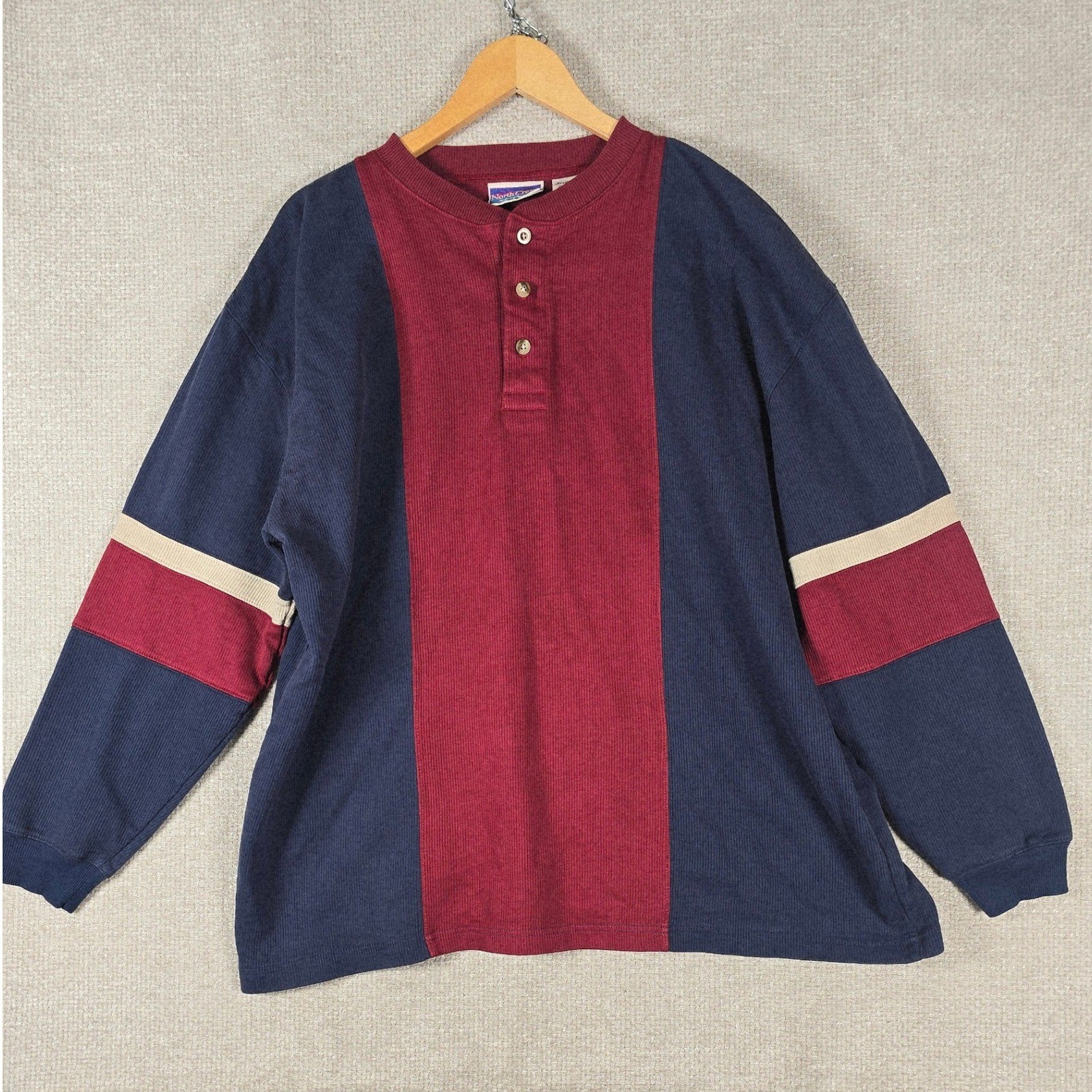 VTG North Crest Mens XL Henley Shirt Colorblock Ribbed Navy Burgundy Long Sleeve gallery