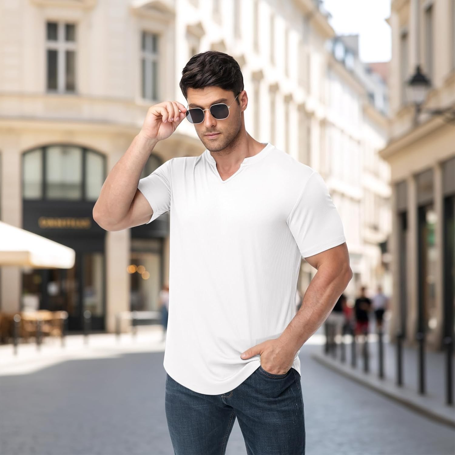 Muscle Fit V Neck T Shirt Men Casual Ribbed Short Sleeve Longline Henley S gallery