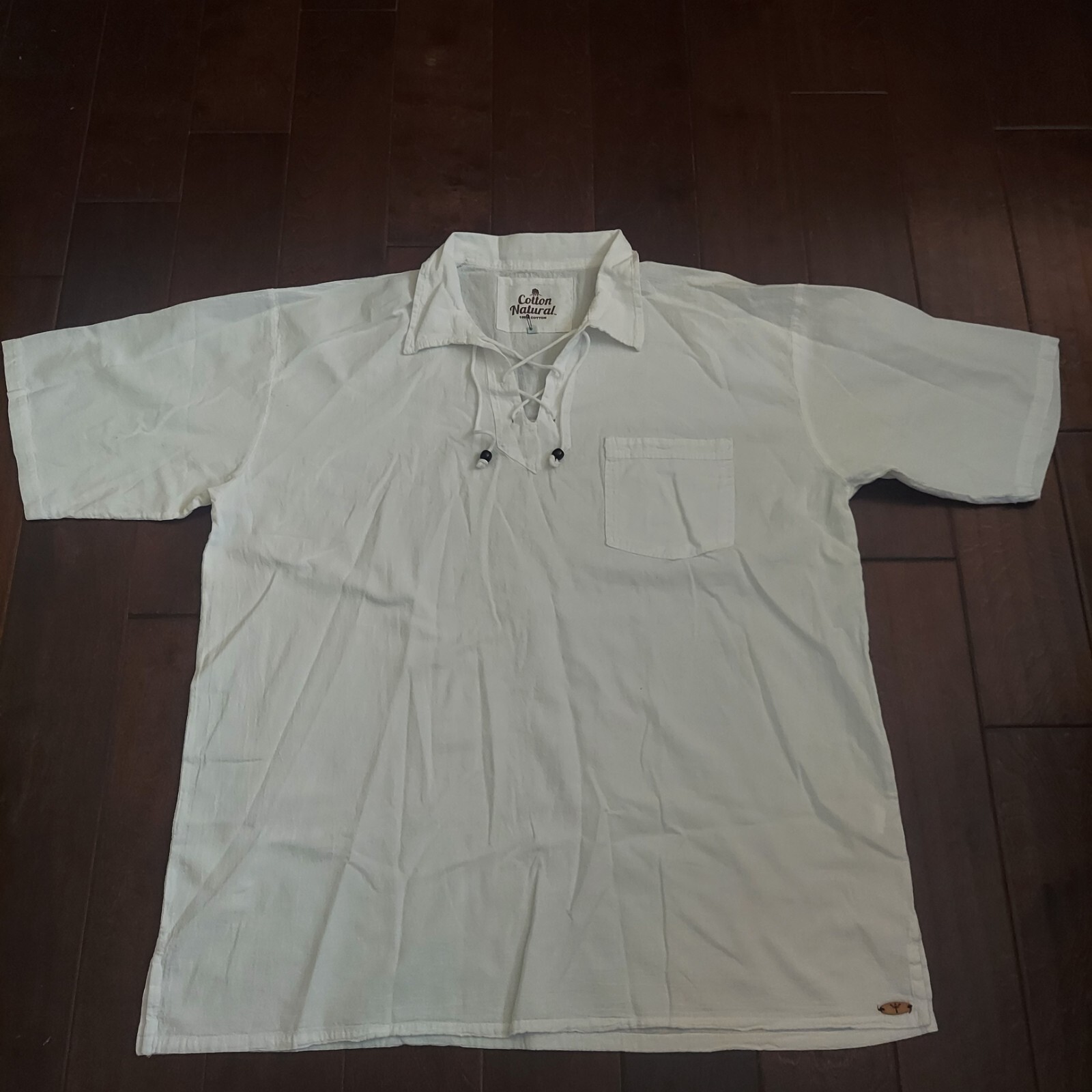 Cotton Natural Men's White Front Pocket Drawstrings Beads Shirt - Size 3XL gallery
