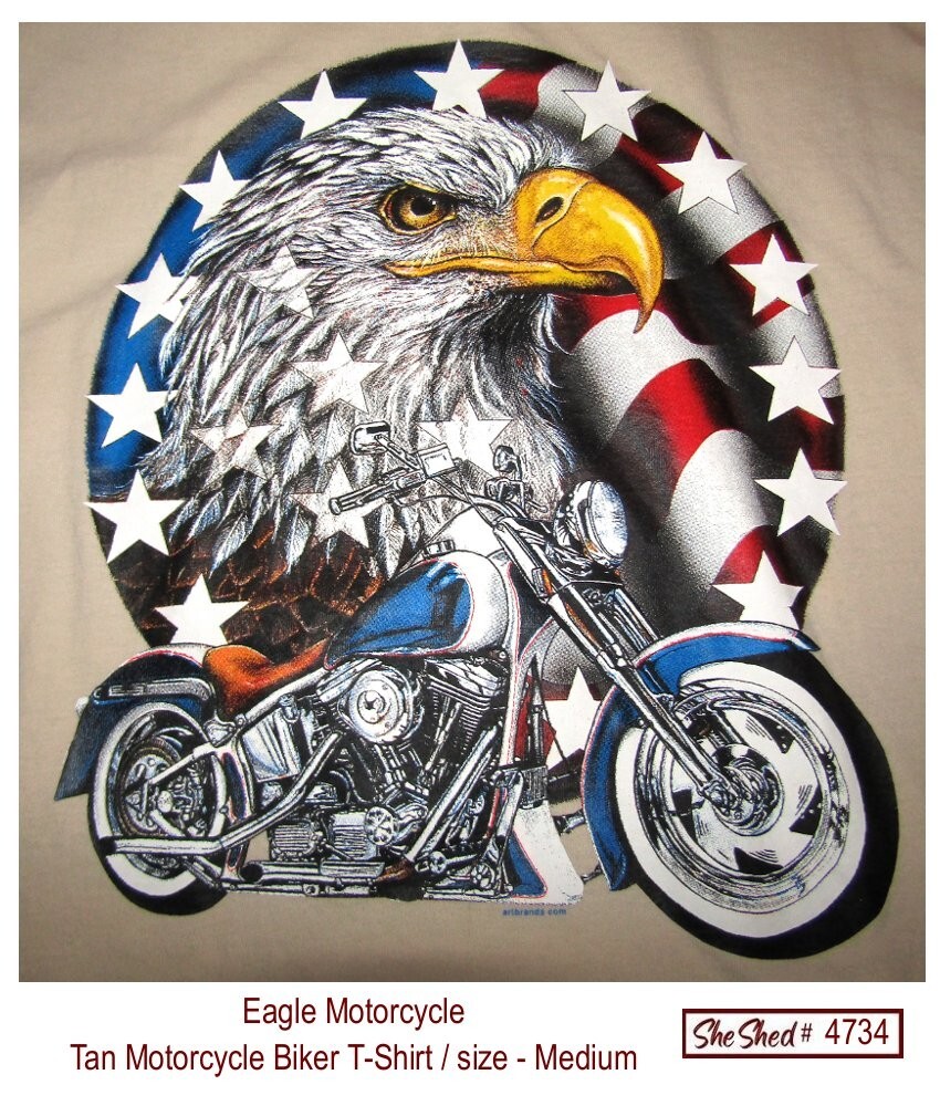 Eagle Motorcycle Biker T-Shirt Medium Patriotic USA Flag Graphic Gildan Cotton