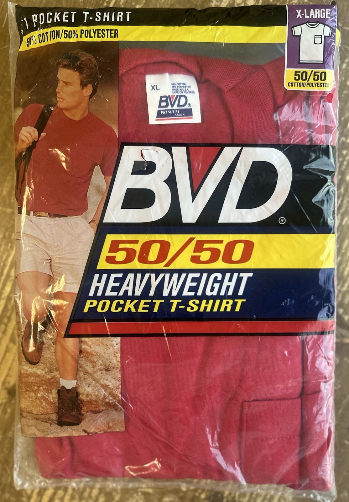 NOS Vintage 90s BVD 50/50 Heavyweight Red Pocket Cotton Poly T Shirt USA New XL gallery