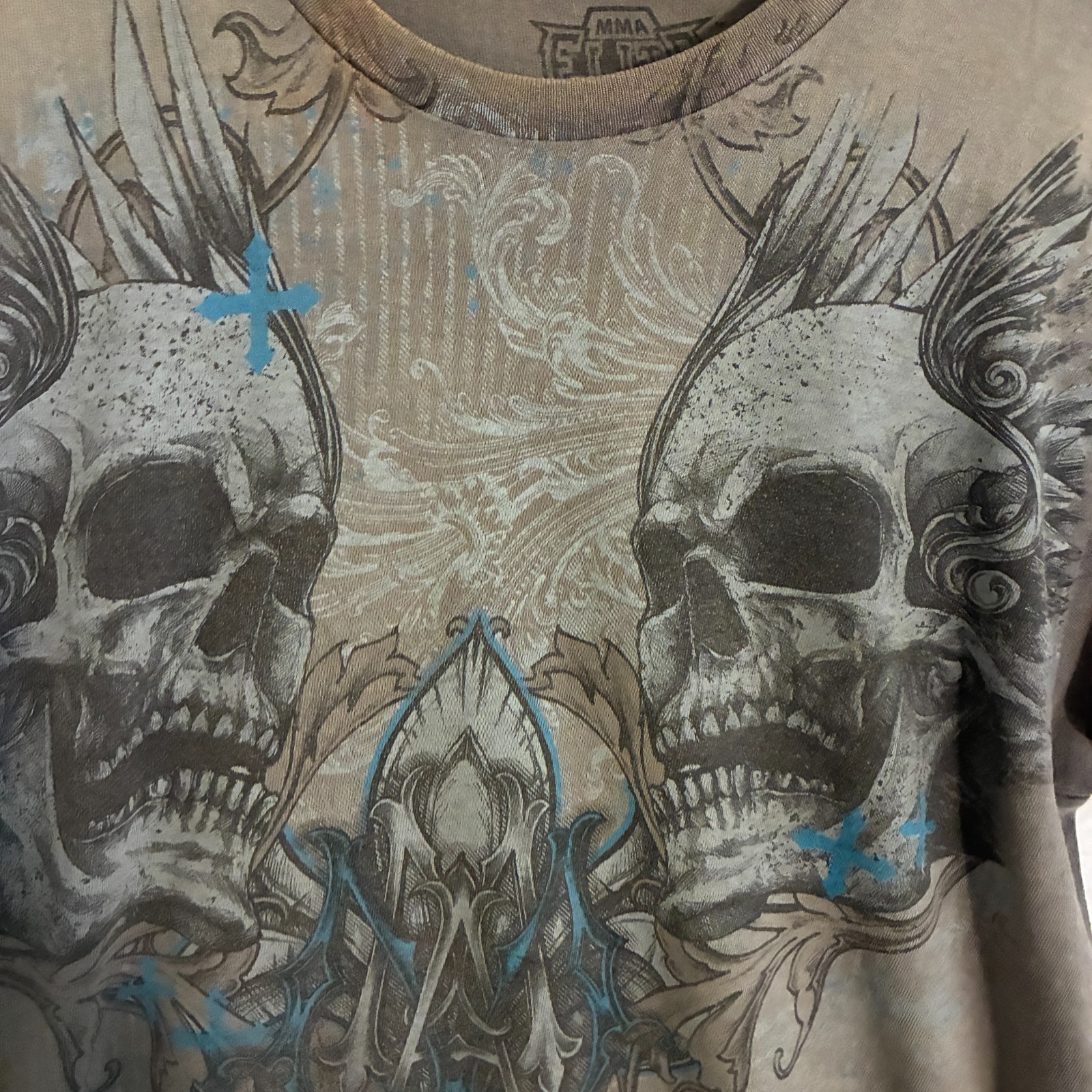 Vtg Y2K MMA Elite Shirt Mens L Grunge Skulls Cross Tattoo UFC Distressed Tee gallery