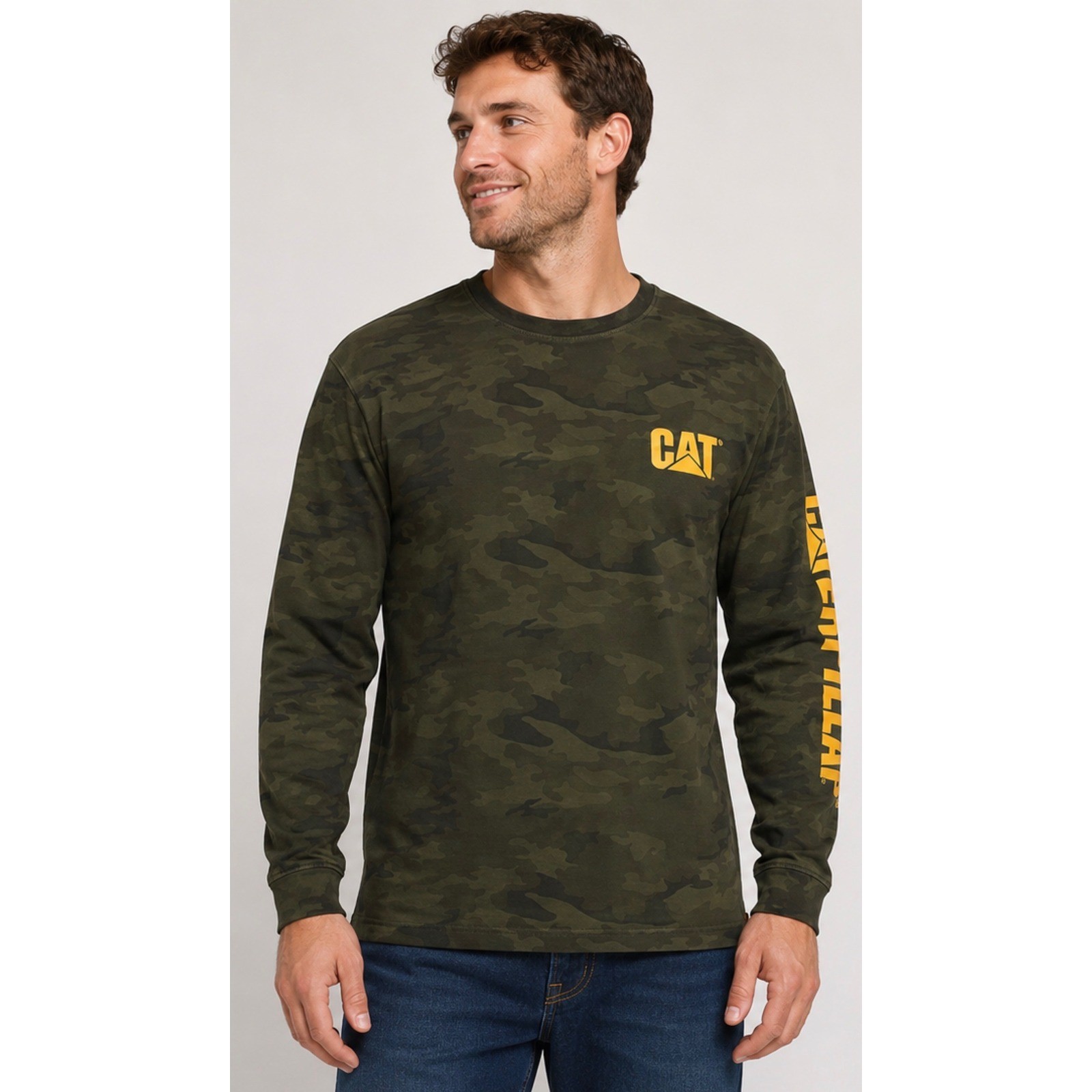 Caterpillar CAT Mens Camo Long Sleeve T-Shirt Green Camouflage Logo Size Large