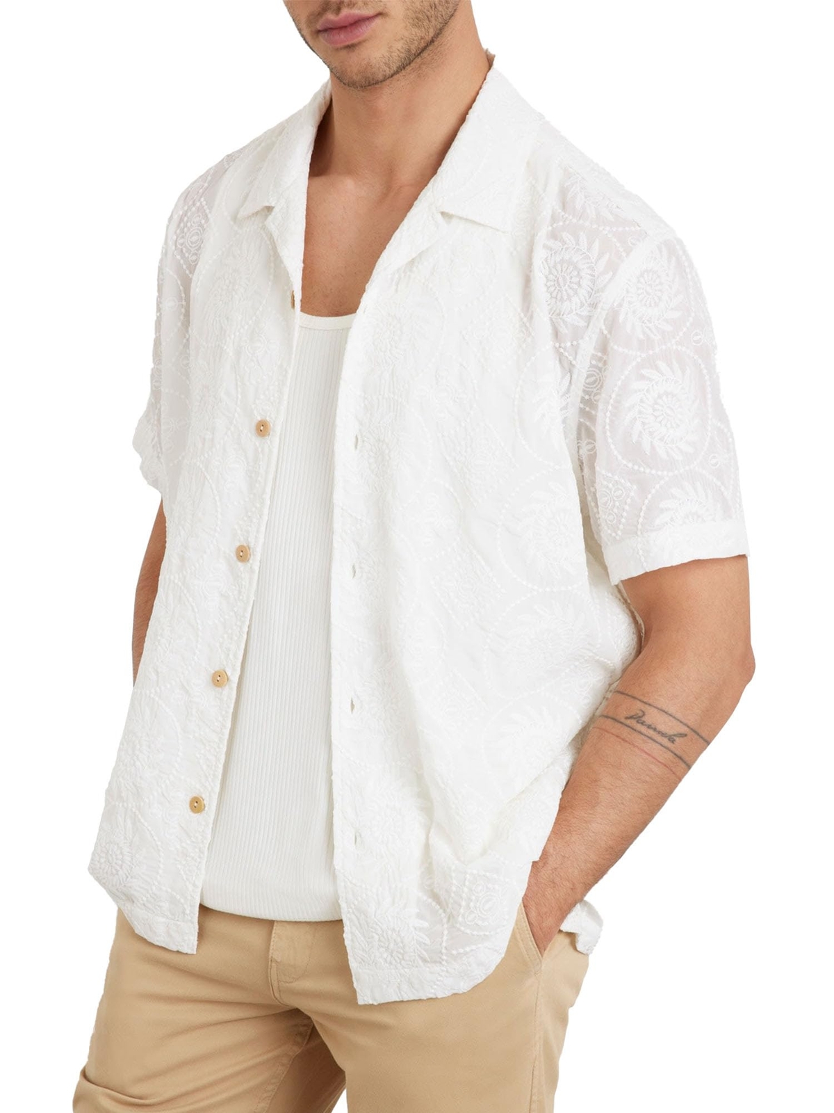 GUESS Men’s Emory Embroidery Shirt, Pure White