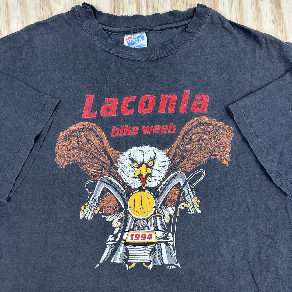VTG Thrashed Single Stitch Laconia Bike Week 1994 Sun Fade Black T-Shirt XL