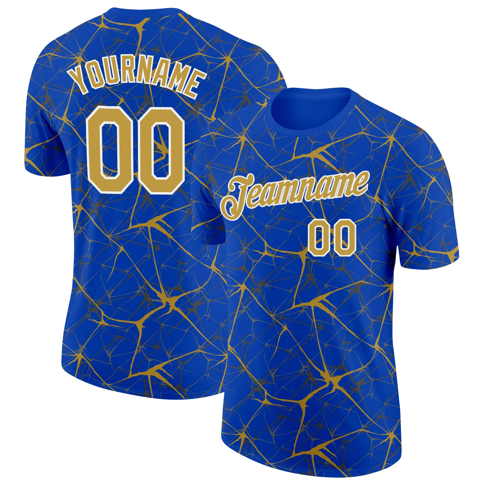 Custom Blue Old Gold Abstract Crackle Sports Tee Personalized Team Jersey