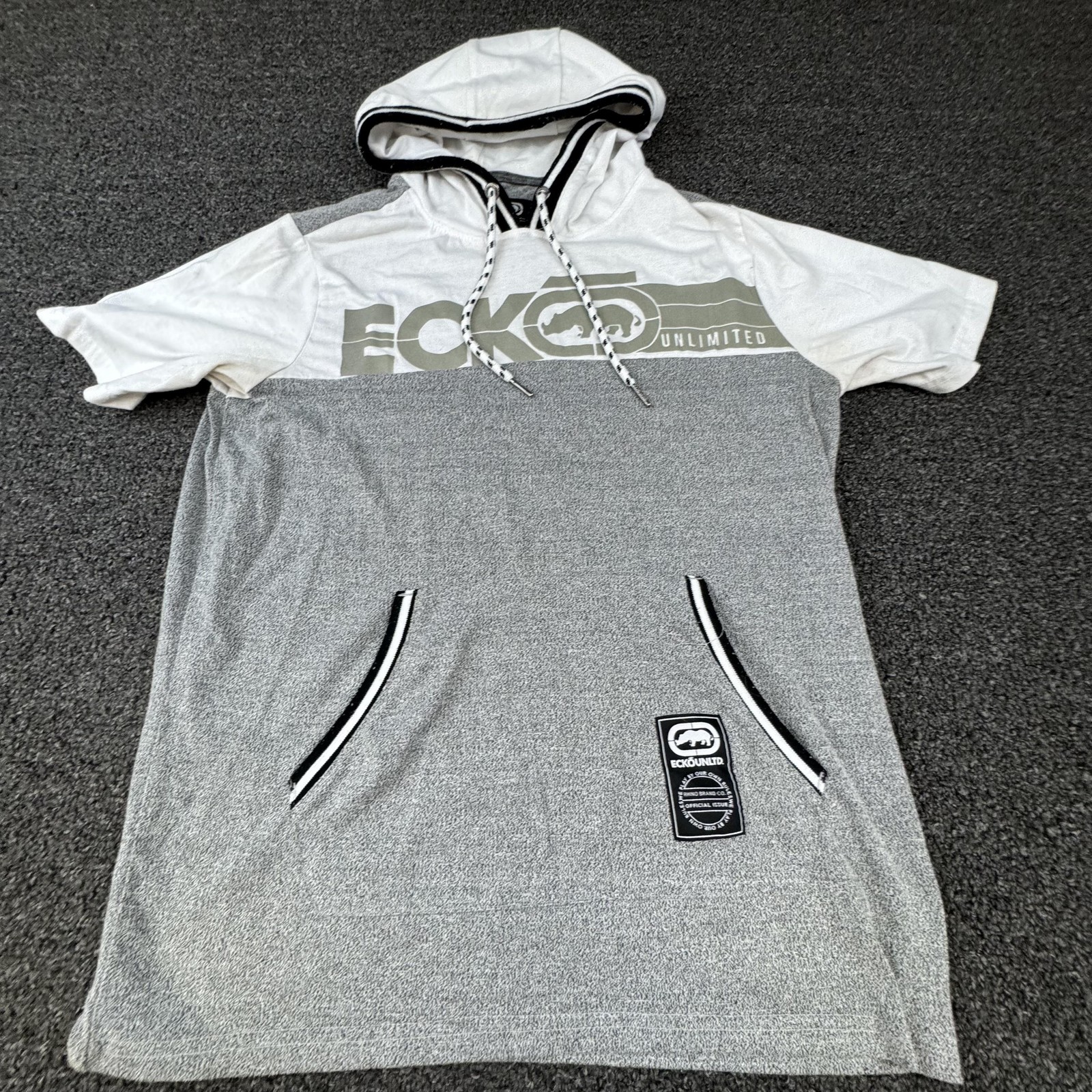 Ecko Unltd Shirt Mens Small Gray White Hooded Short Sleeve Kangaroo Pocket Logo