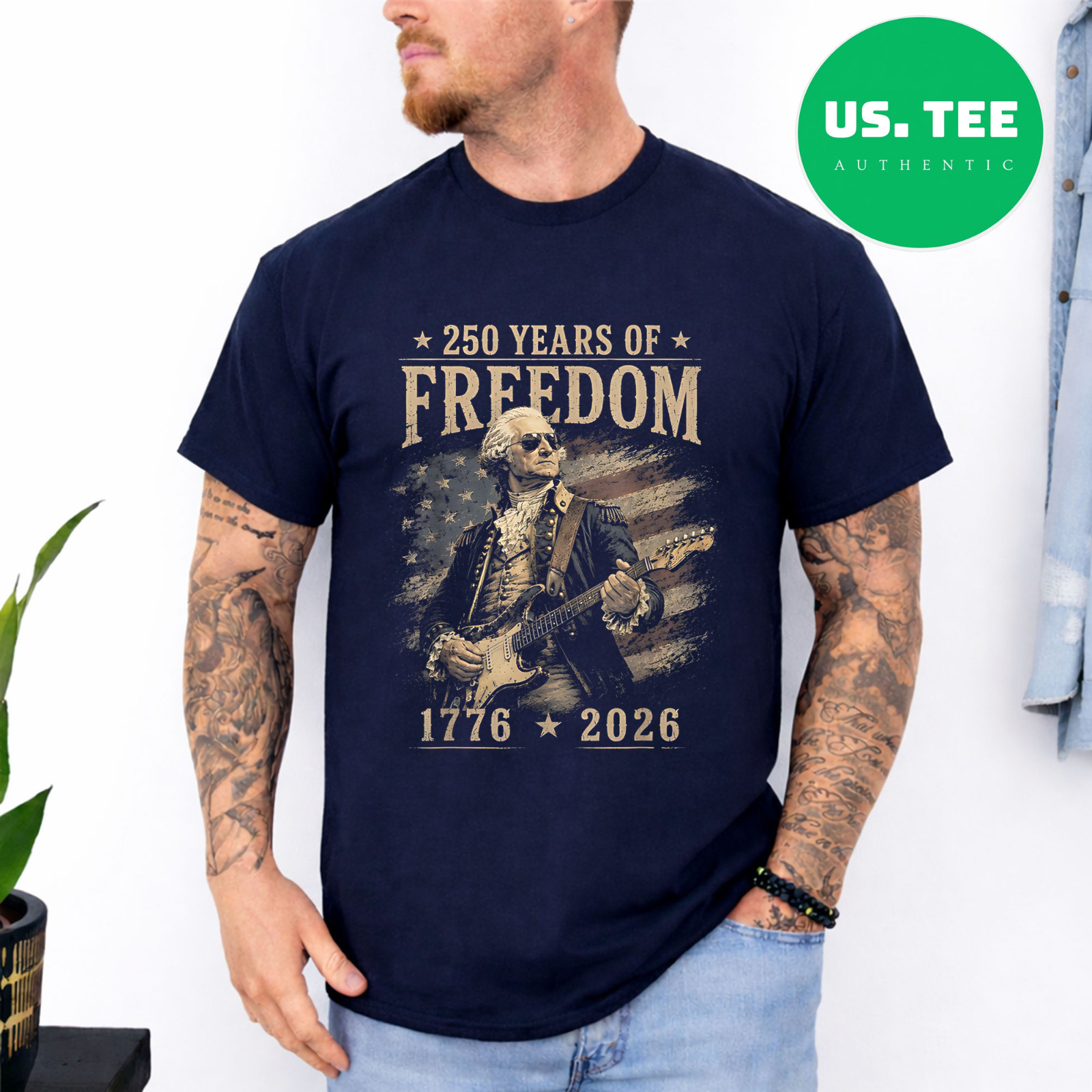 250th Anniversary George Washington Playing Guitar 4th July T-Shirt gallery
