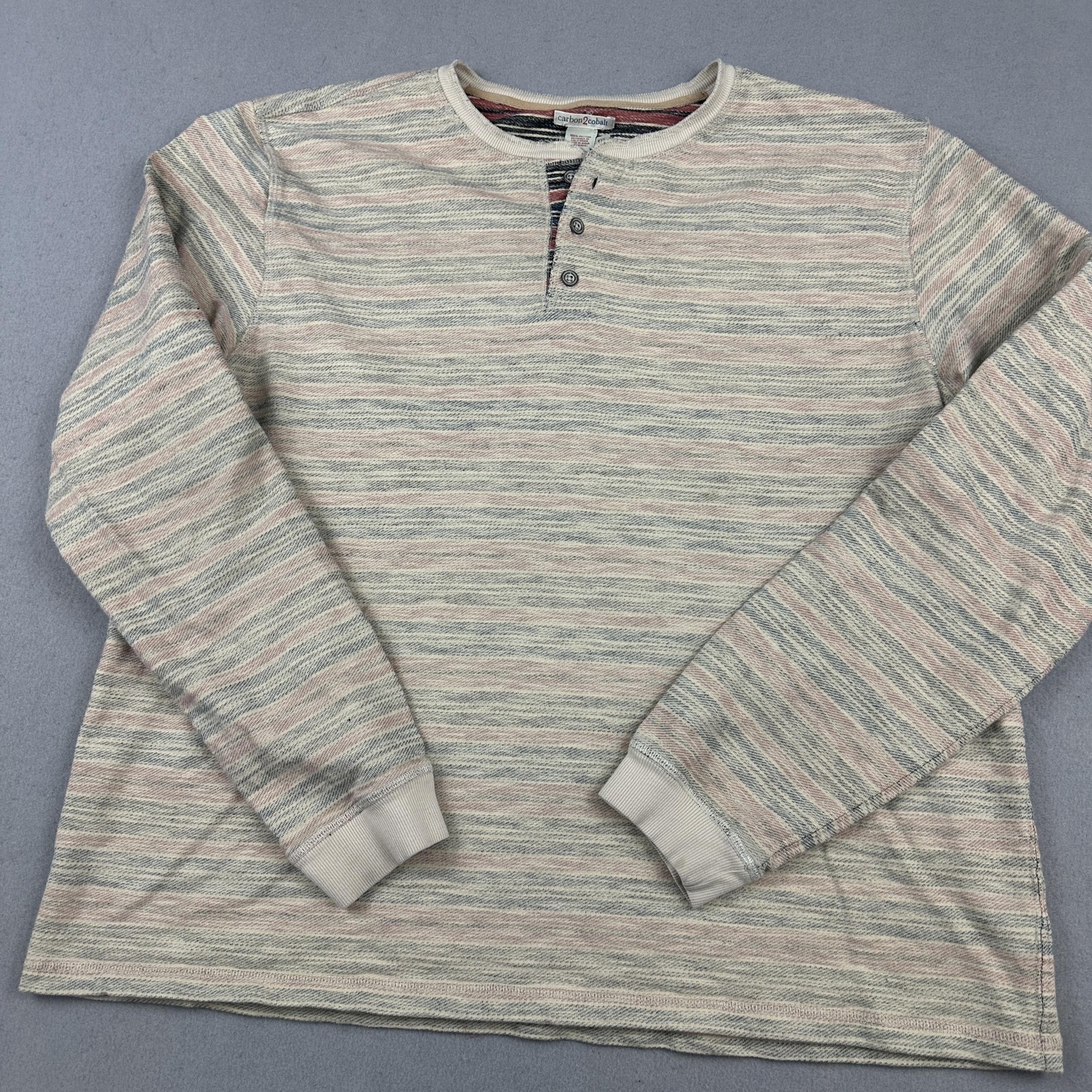 Carbon2Cobalt Shirt Men 2XL Beige Striped Henley Long Sleeve Knit Pullover XXL gallery