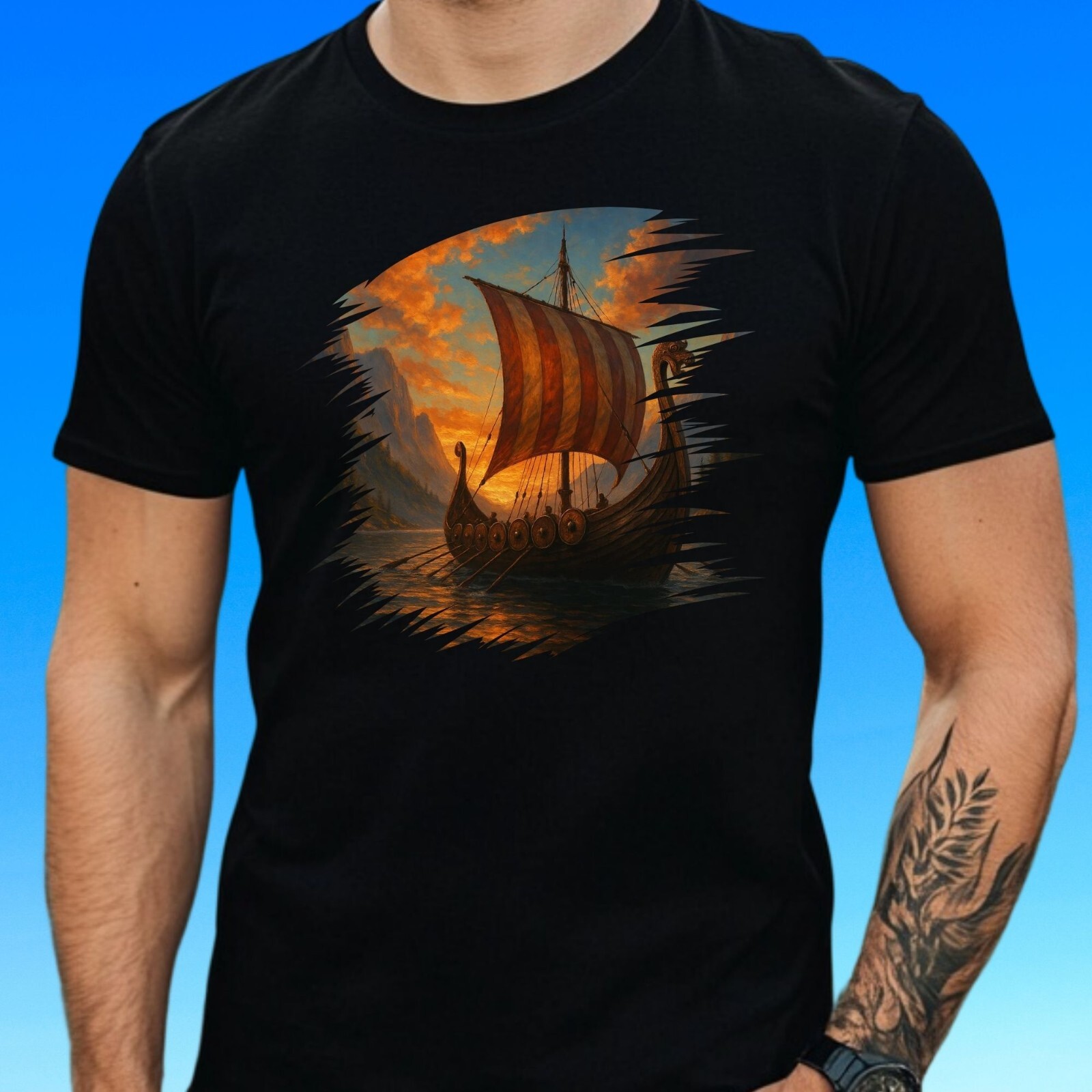Mens Viking Ship Motif Cotton T-Shirt Size S to 5XL