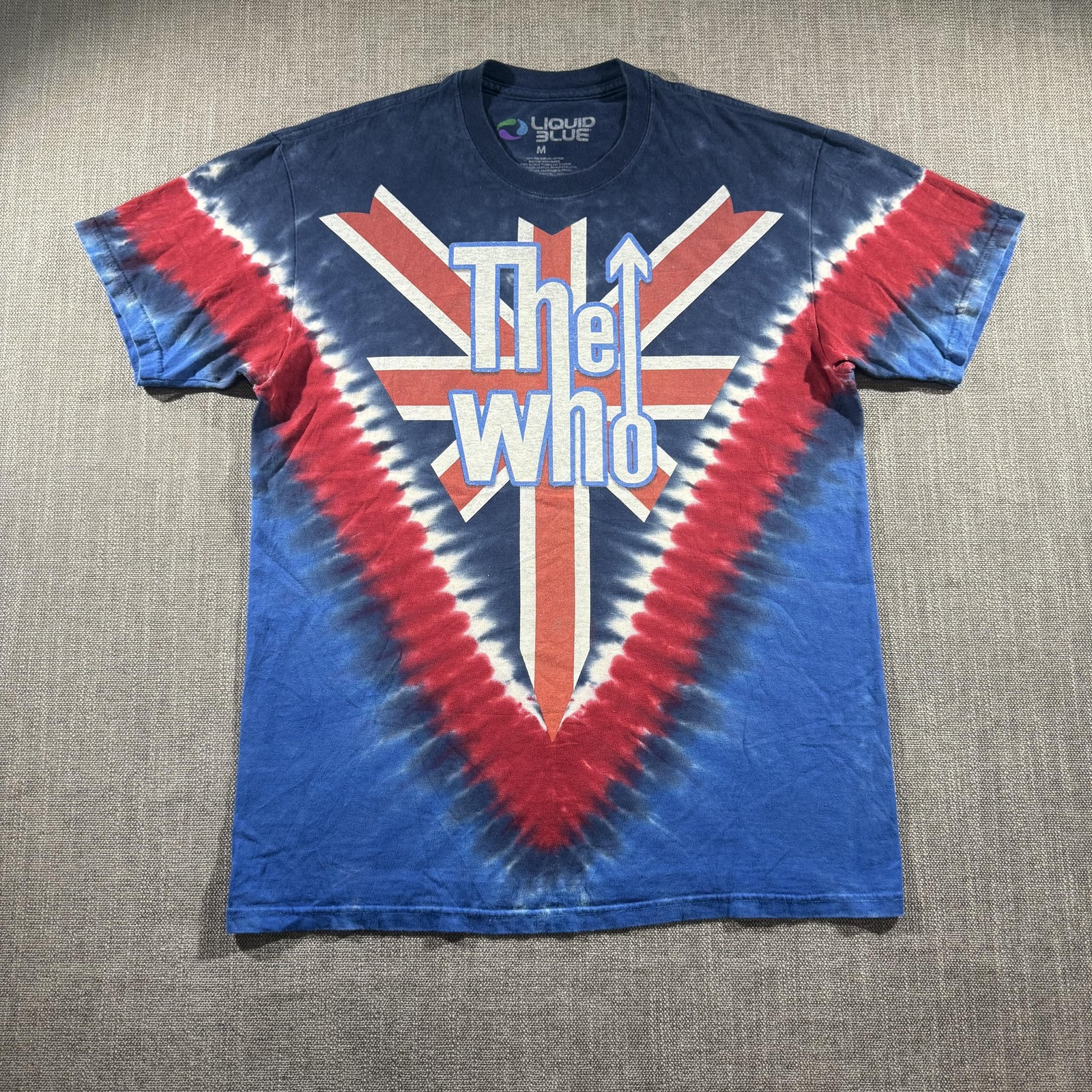 The Who Shirt Mens Medium Liquid Blue Tie Dye Blue Red Union Jack Rock Band Tee