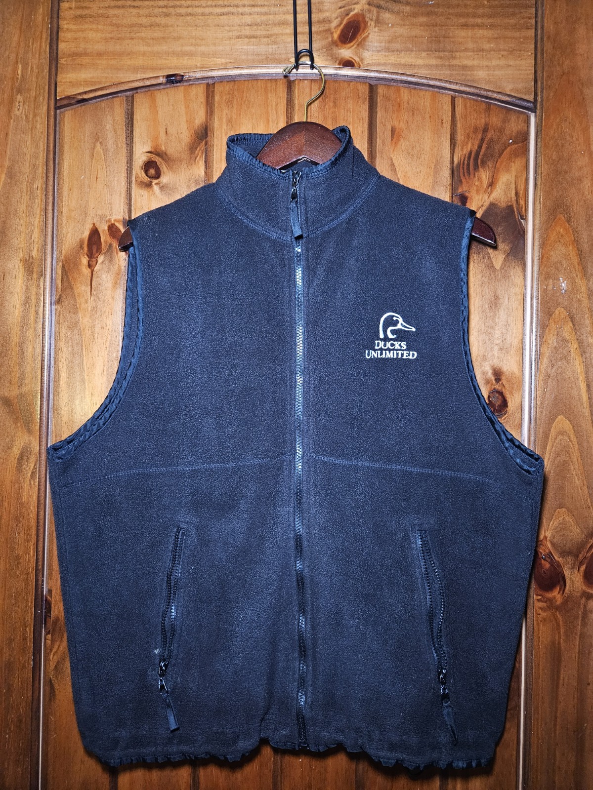 Ducks Unlimited Vest Mens Large Black Fleece Sleeveless Full Zip Hunting Camp