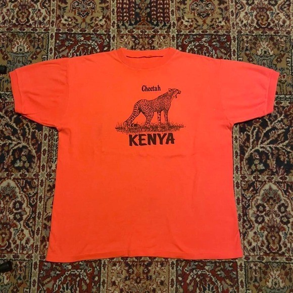 vintage 60s 70s kenya cheetah animal destination tee shirt orange black M