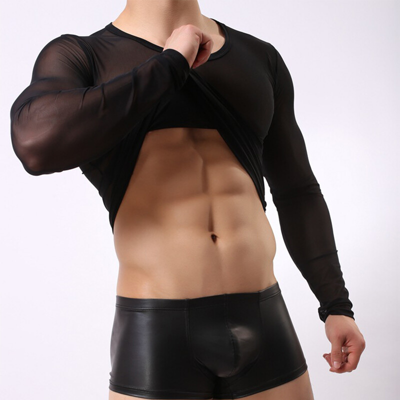 Mens Undershirt Nylon Mesh Men See Through Sheer Long Sleeve Sexy T-shirt gallery