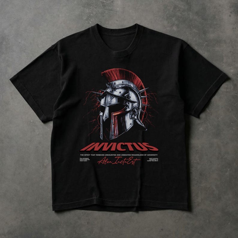 Invictus Shirt, Roman Gladiator Helmet Tee, Unbeaten Spirit Graphic Tee, Alea Ia