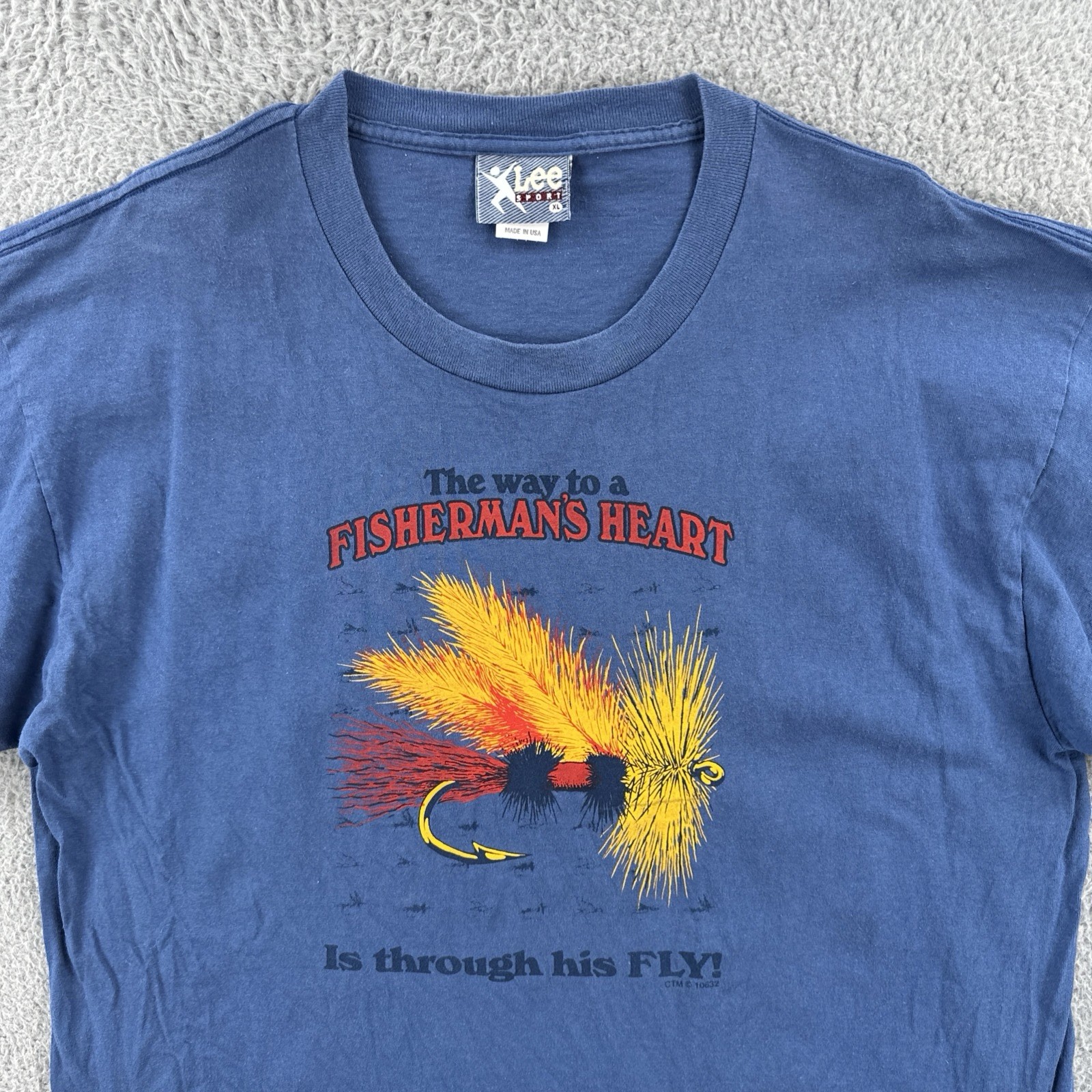 Vintage Lee Sport 90s XL Blue T Shirt Made In USA Fisherman’s Heart Through Fly gallery