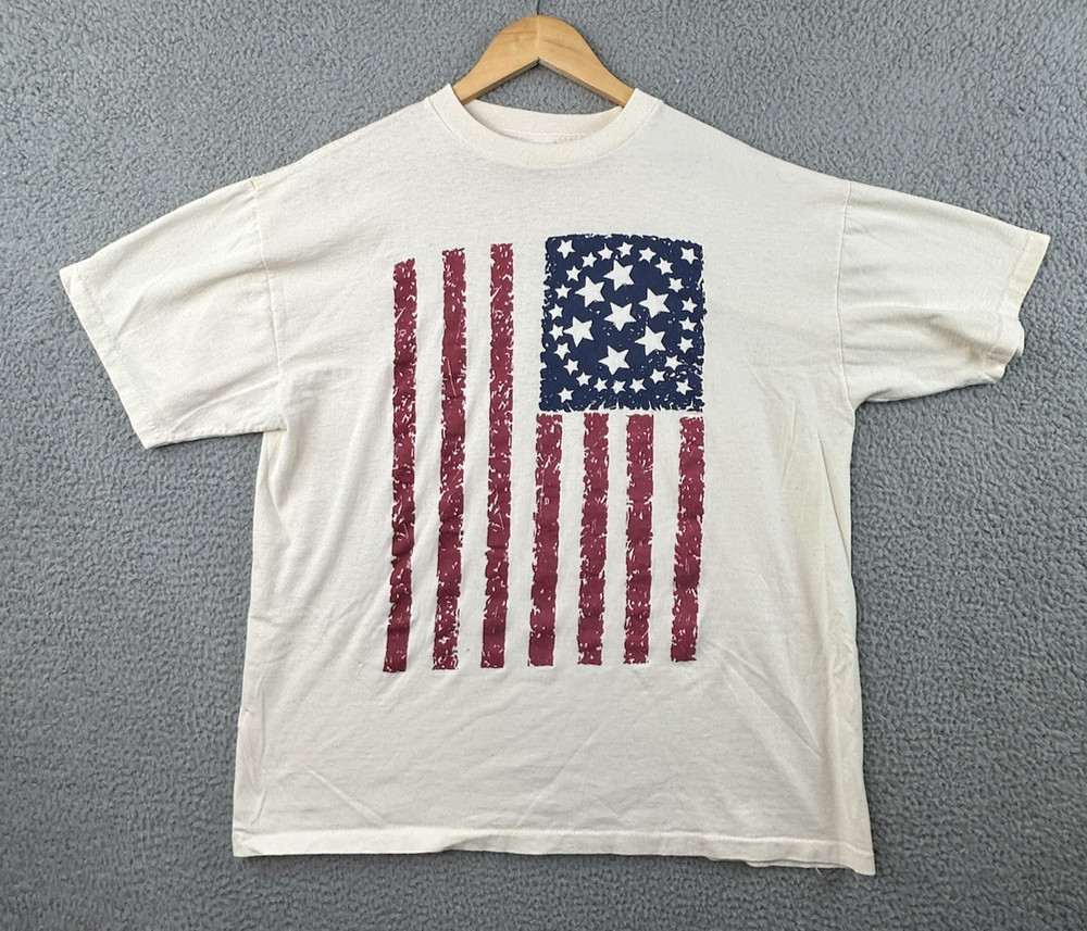 VTG 90s Premier Sportswear T Shirt American Flag Adult XL Ivory Single Stitch