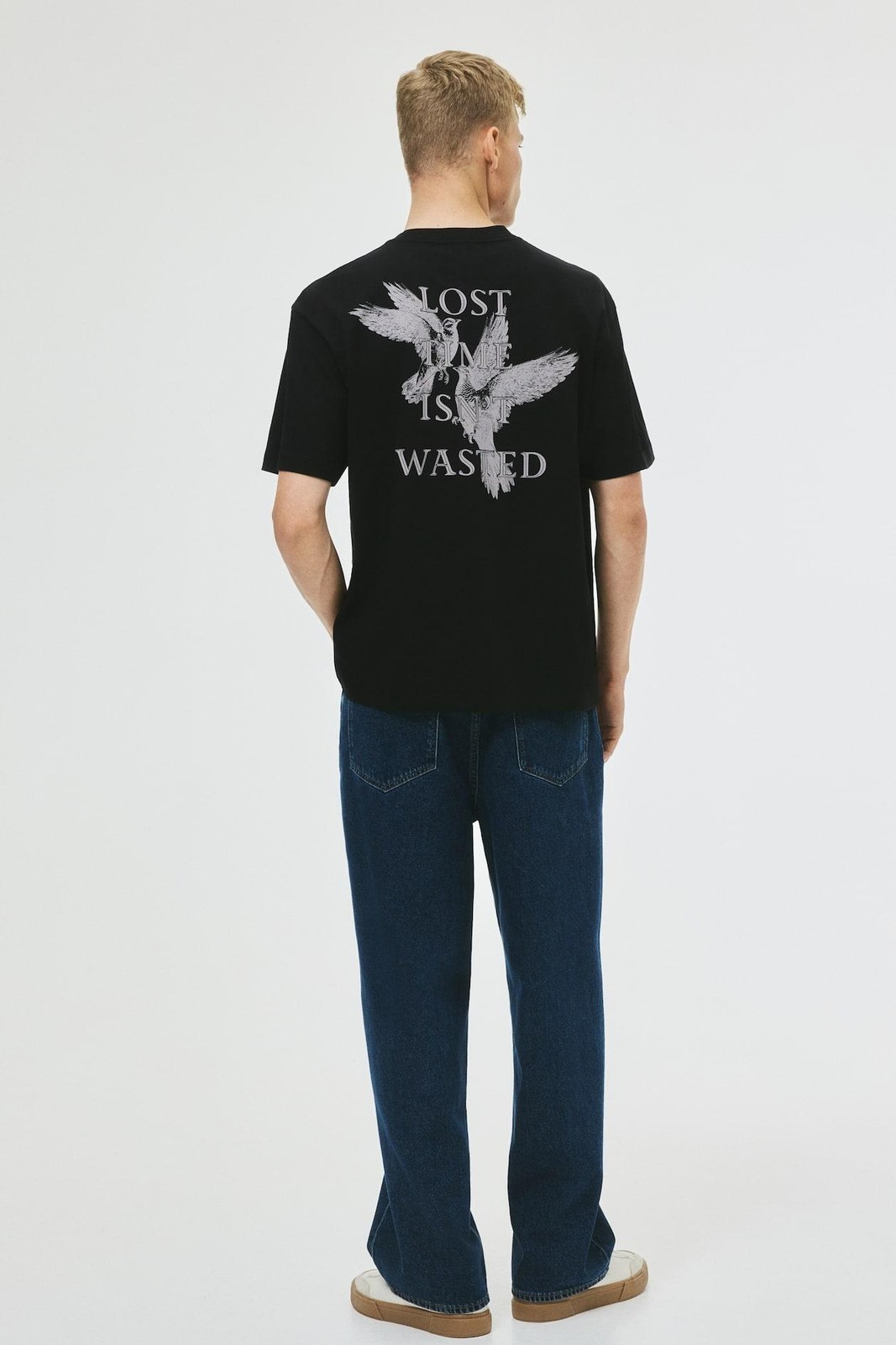 H&M Lost Time Isn't Wasted Shirt Mens Medium Black Graphic Tee Loose Fit NEW M gallery