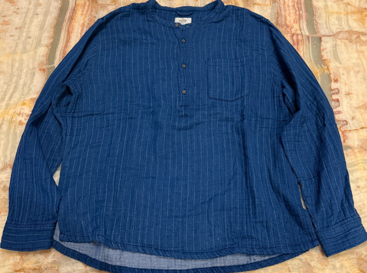 Marine Layer Mens Henley Pullover Shirt Blue Striped Pocket Long Sleeve Large