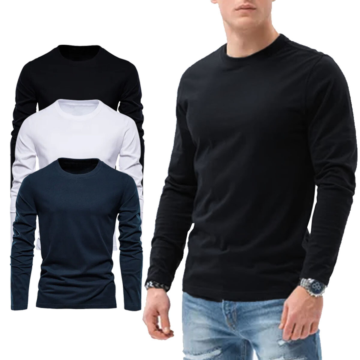 Mens Long Sleeve T shirt Plain Casual Work Pack Of 3/4 Premium Lot Tee Top gallery