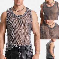 Glitter Sheer See Through Fishnet Tank Top For Men Sexy Mesh Vest Grey