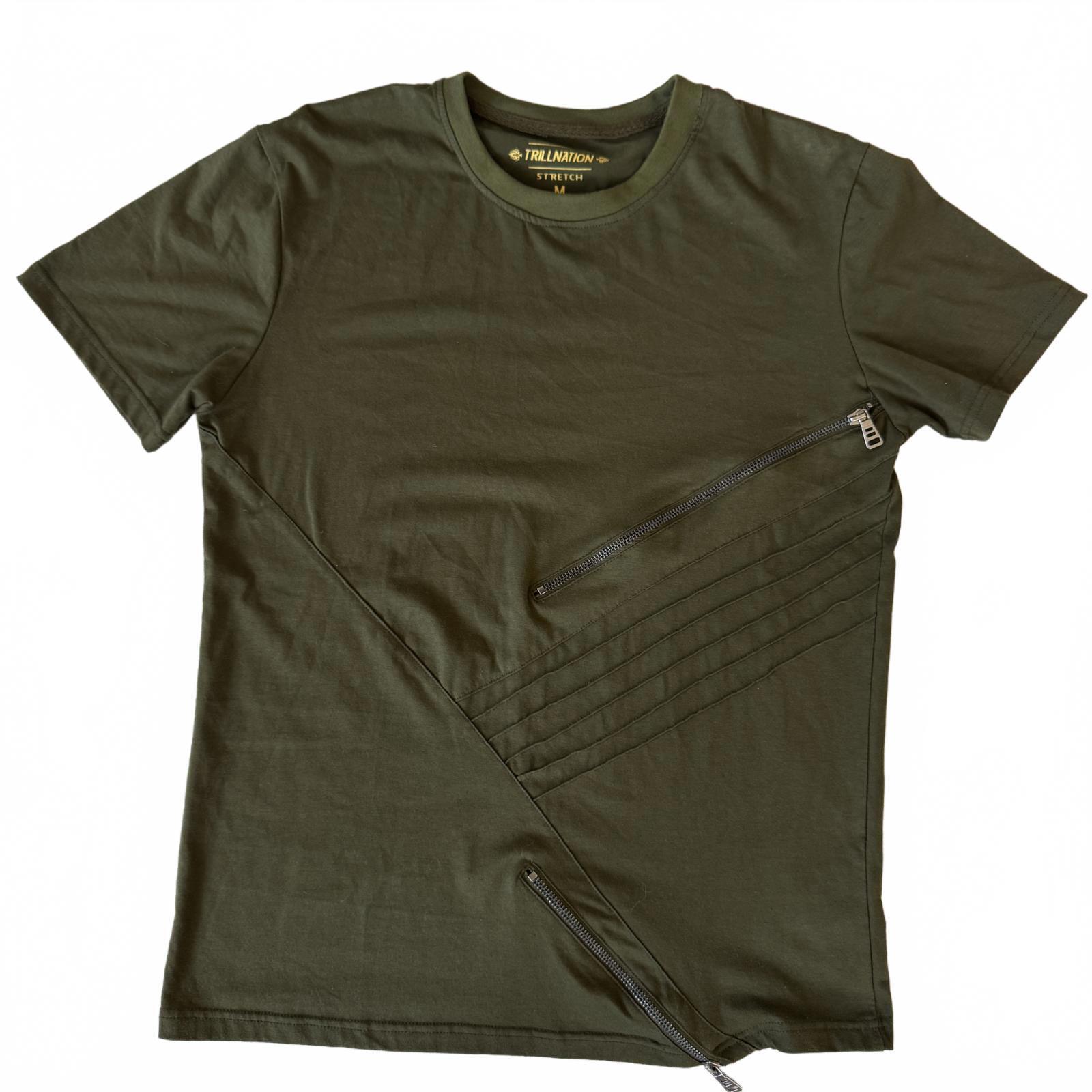 TrillNation Men’s Stretch T-Shirt with Zipper Detail – Olive Green-Medium